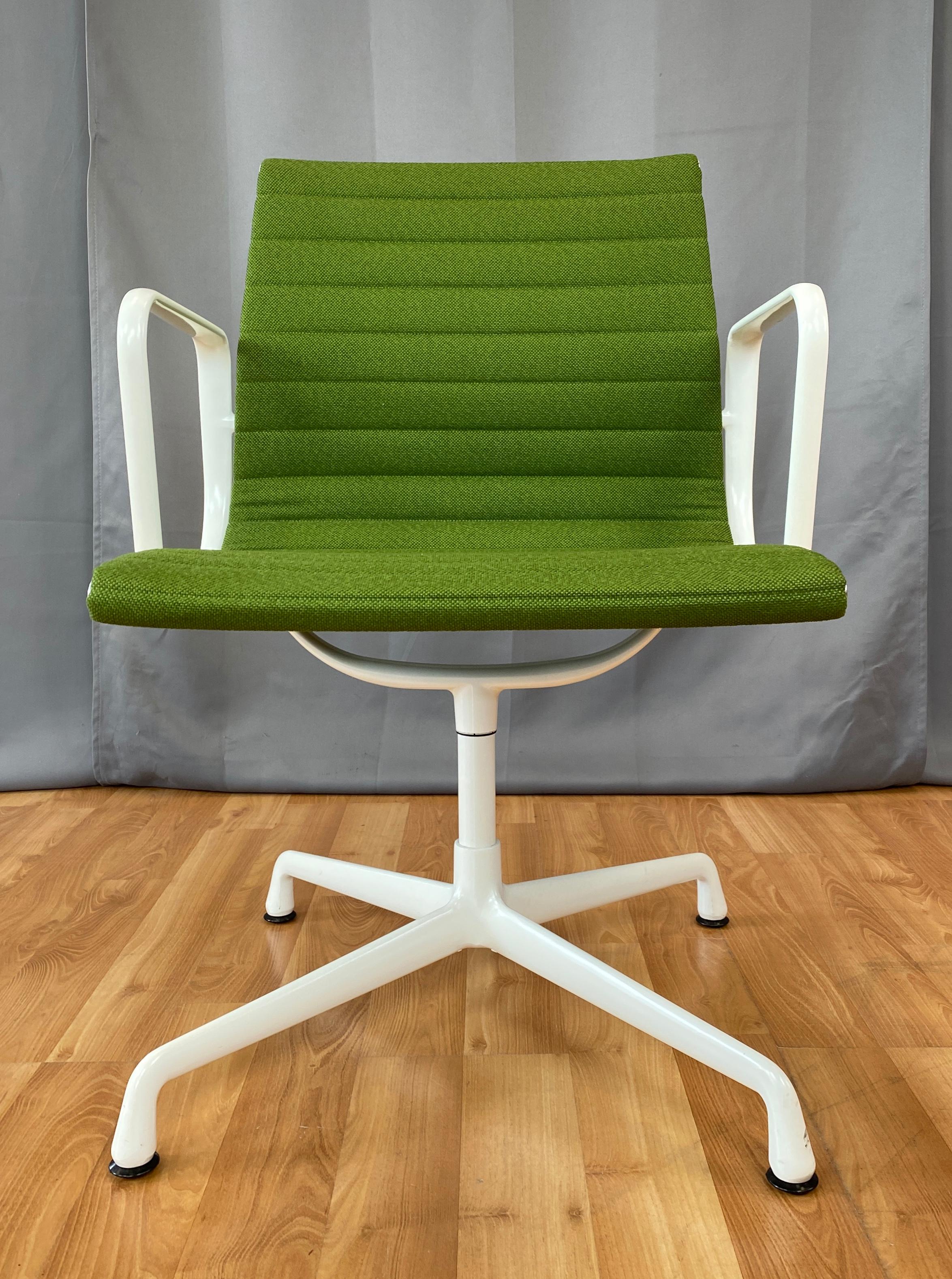 Mid-Century Modern Eames Aluminum Group Side Chair, White Frame, Light Olive Green Upholstery