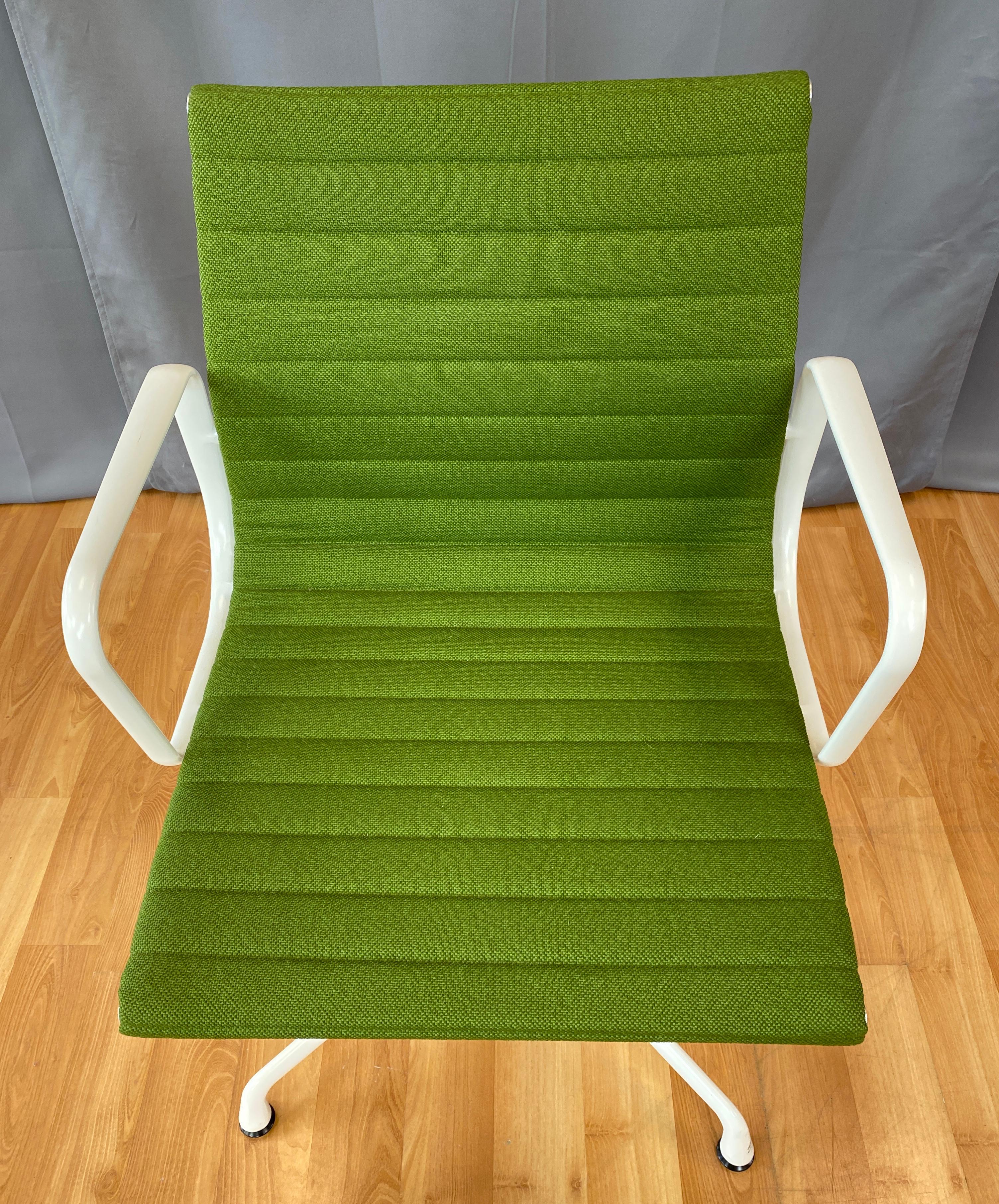 American Eames Aluminum Group Side Chair, White Frame, Light Olive Green Upholstery