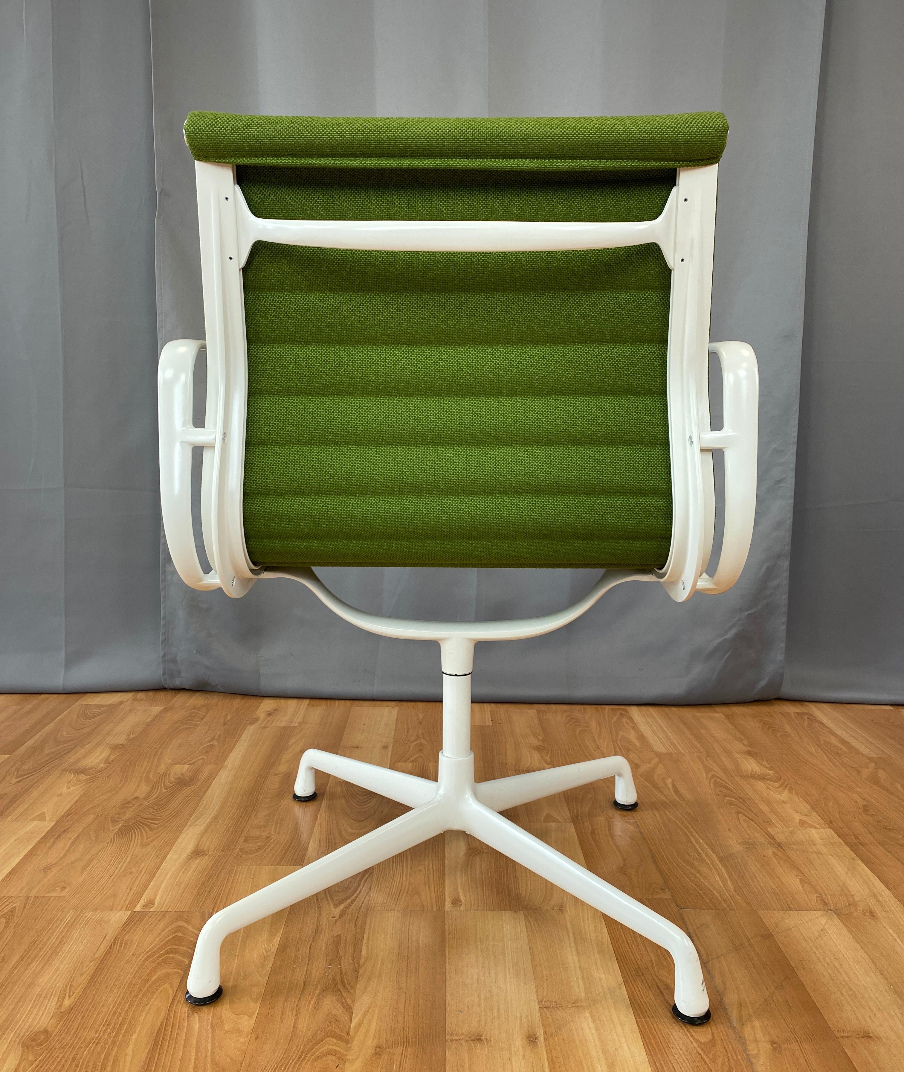 Contemporary Eames Aluminum Group Side Chair, White Frame, Light Olive Green Upholstery