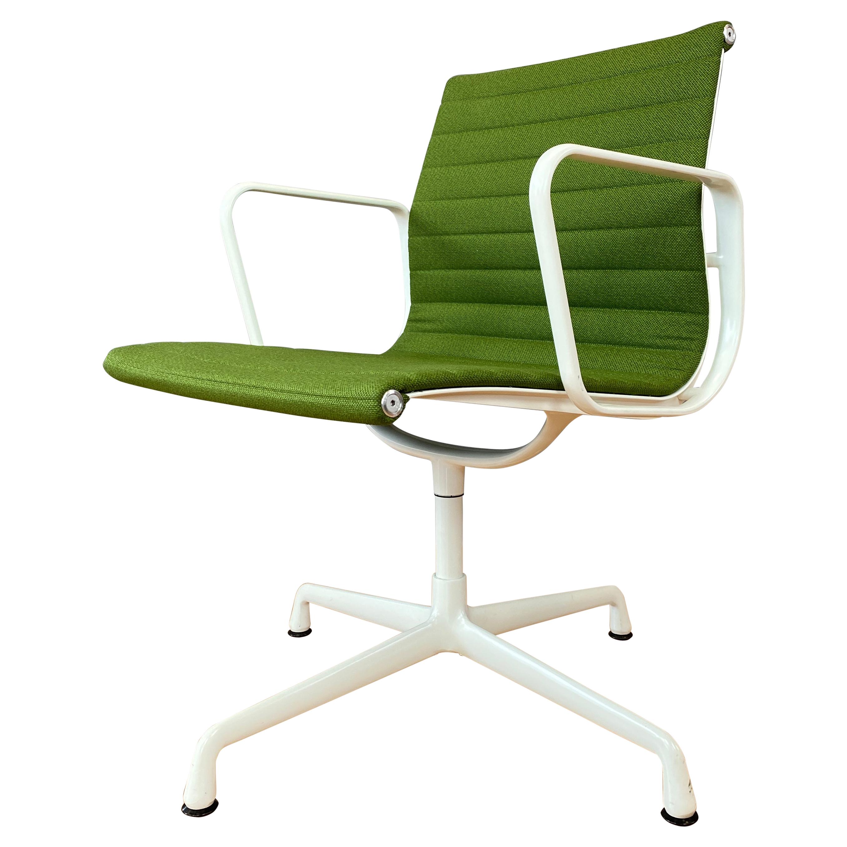 Eames Aluminum Group Side Chair, White Frame, Light Olive Green Upholstery