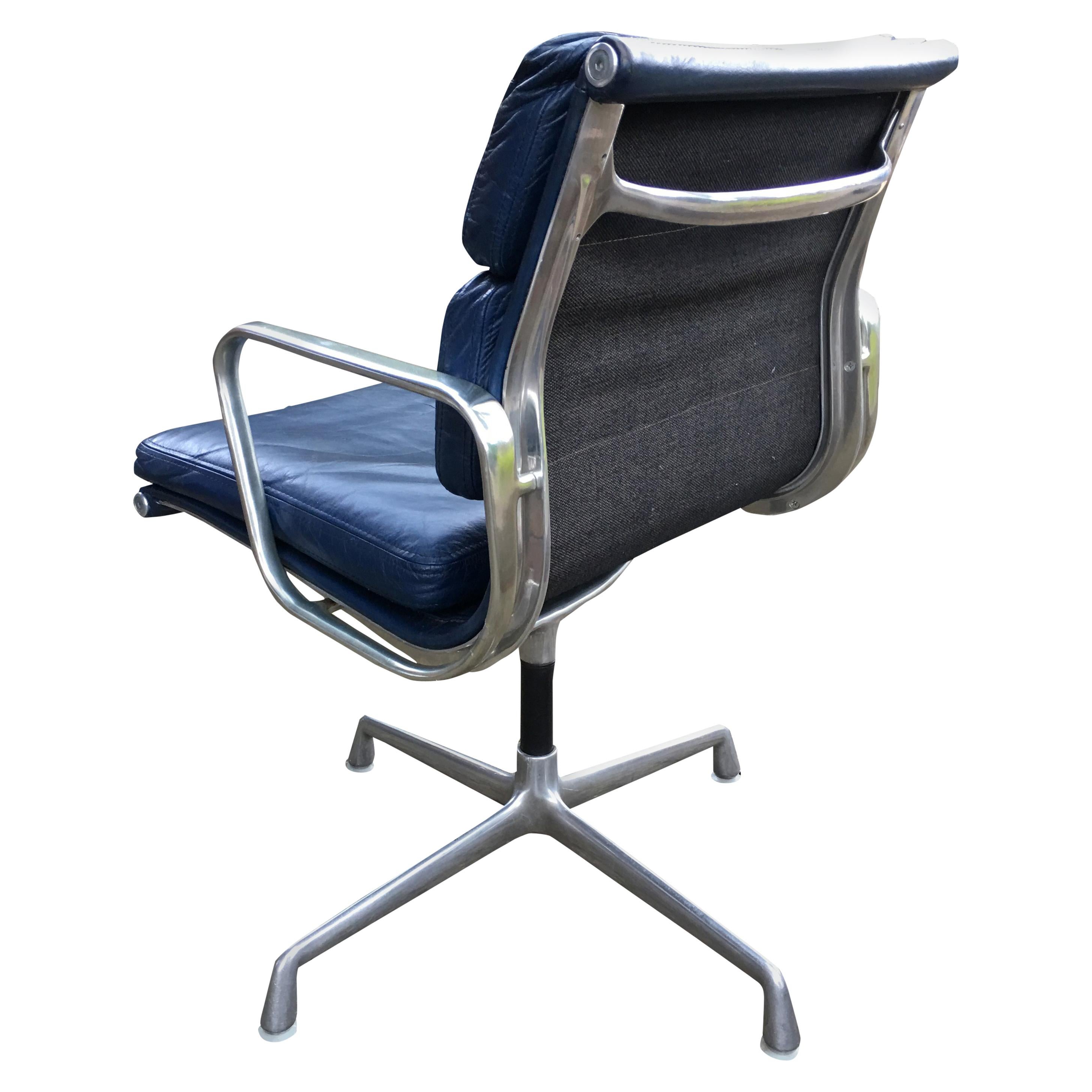 American Eames Blue Leather Soft Pad Swivel Armchair for Herman Miller