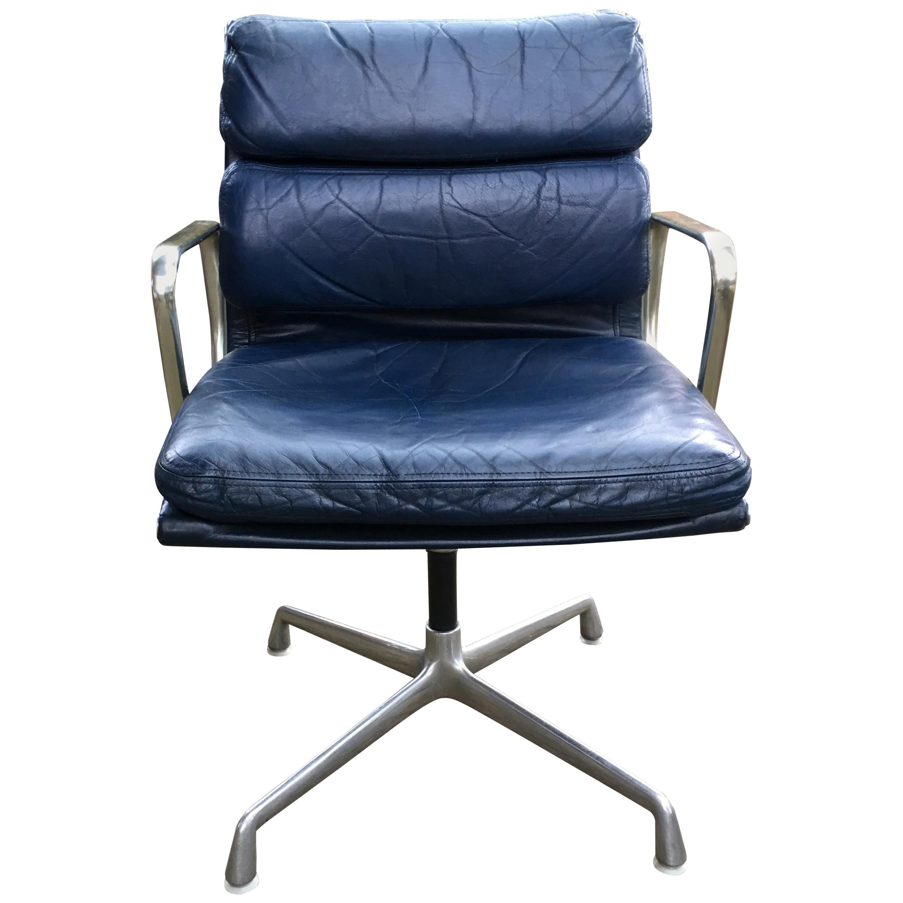 Eames Blue Leather Soft Pad Swivel Armchair for Herman Miller