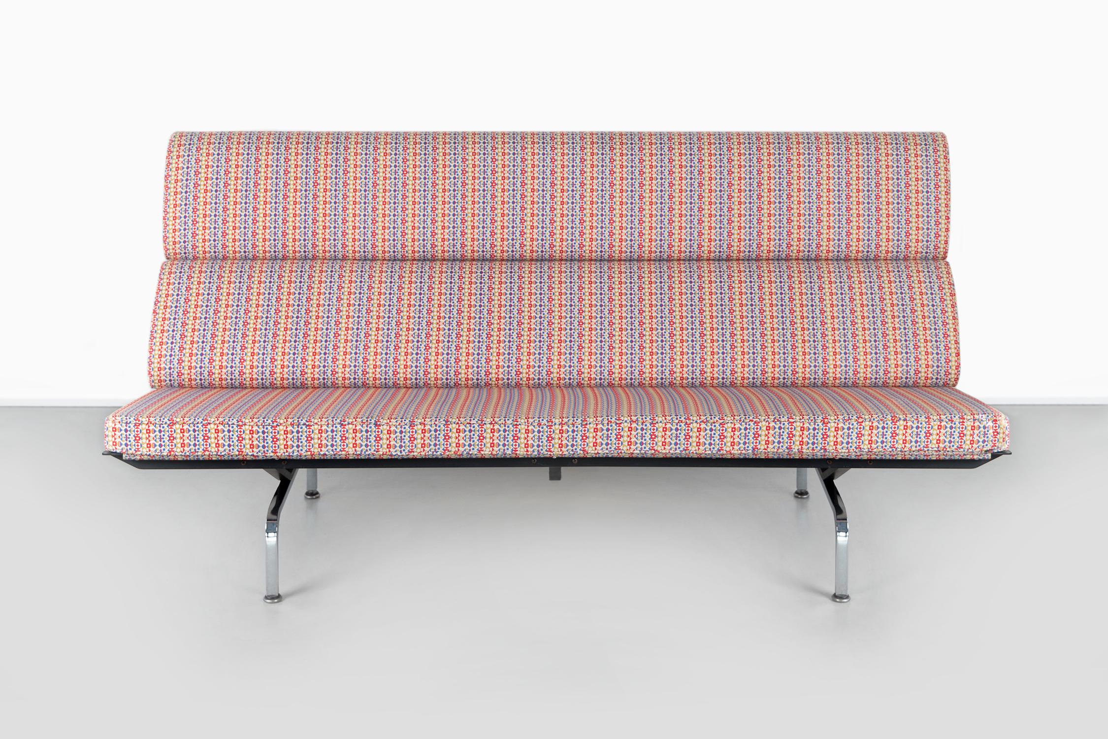 Eames compact sofa

designed by Charles and Ray Eames for Herman Miller

USA, circa 1950s

Metal and upholstered in Arabesque fabric by Alexander Girard

Measures: 36” H x 71 ½” W x 29” D x seat 16 ¼” H.

 
