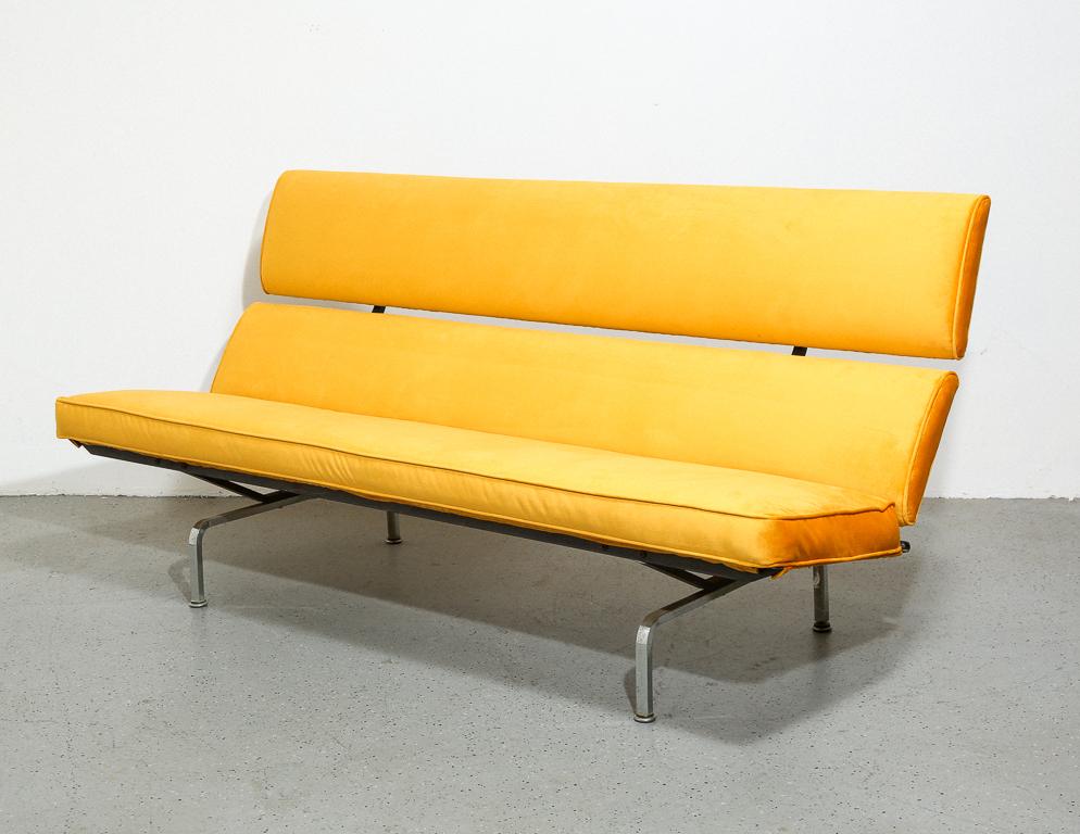 Vintage Eames compact sofa for Herman Miller, 1960s. All steel frame with new yellow velvet upholstery. Folds flat for easy shipping and transport.