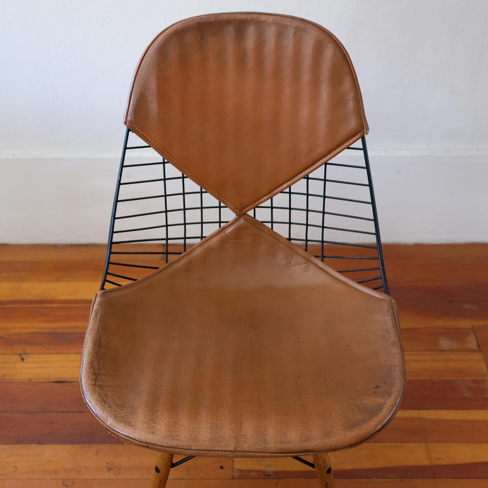 Mid-Century Modern Eames DKW-2 Dowel Wire Chair with Leather Bikini Cover For Sale