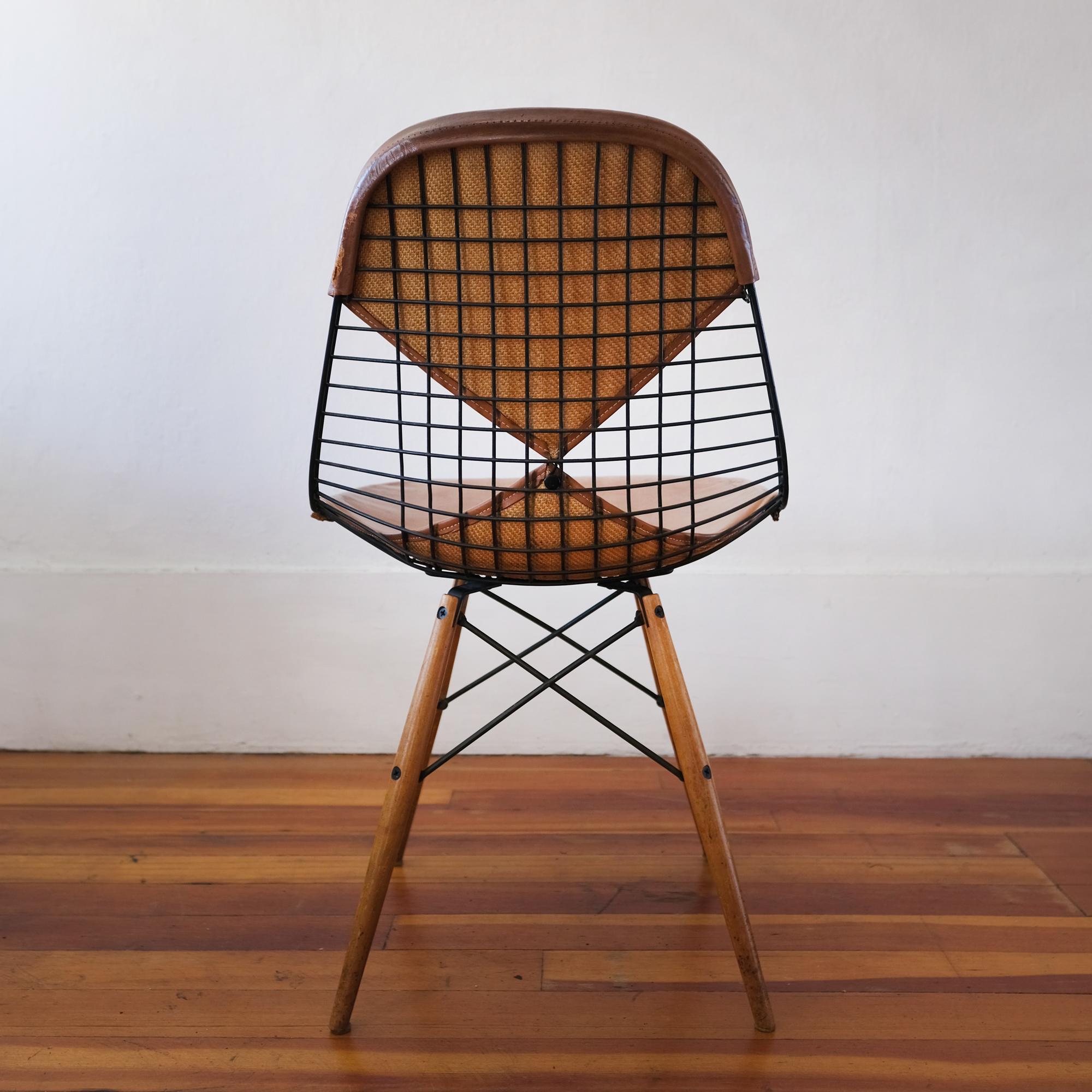 American Eames DKW-2 Dowel Wire Chair with Leather Bikini Cover For Sale