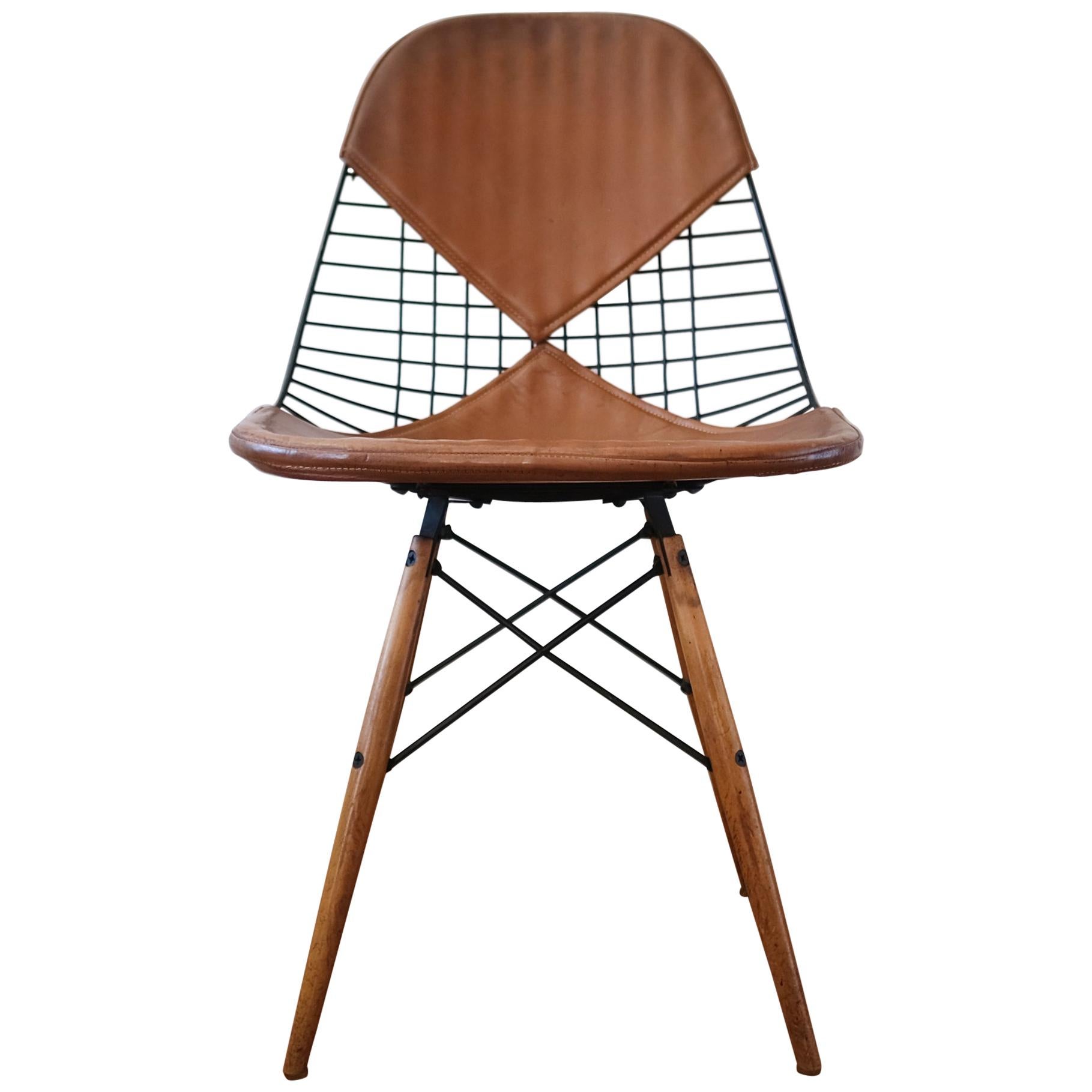 Eames DKW-2 Dowel Wire Chair with Leather Bikini Cover For Sale