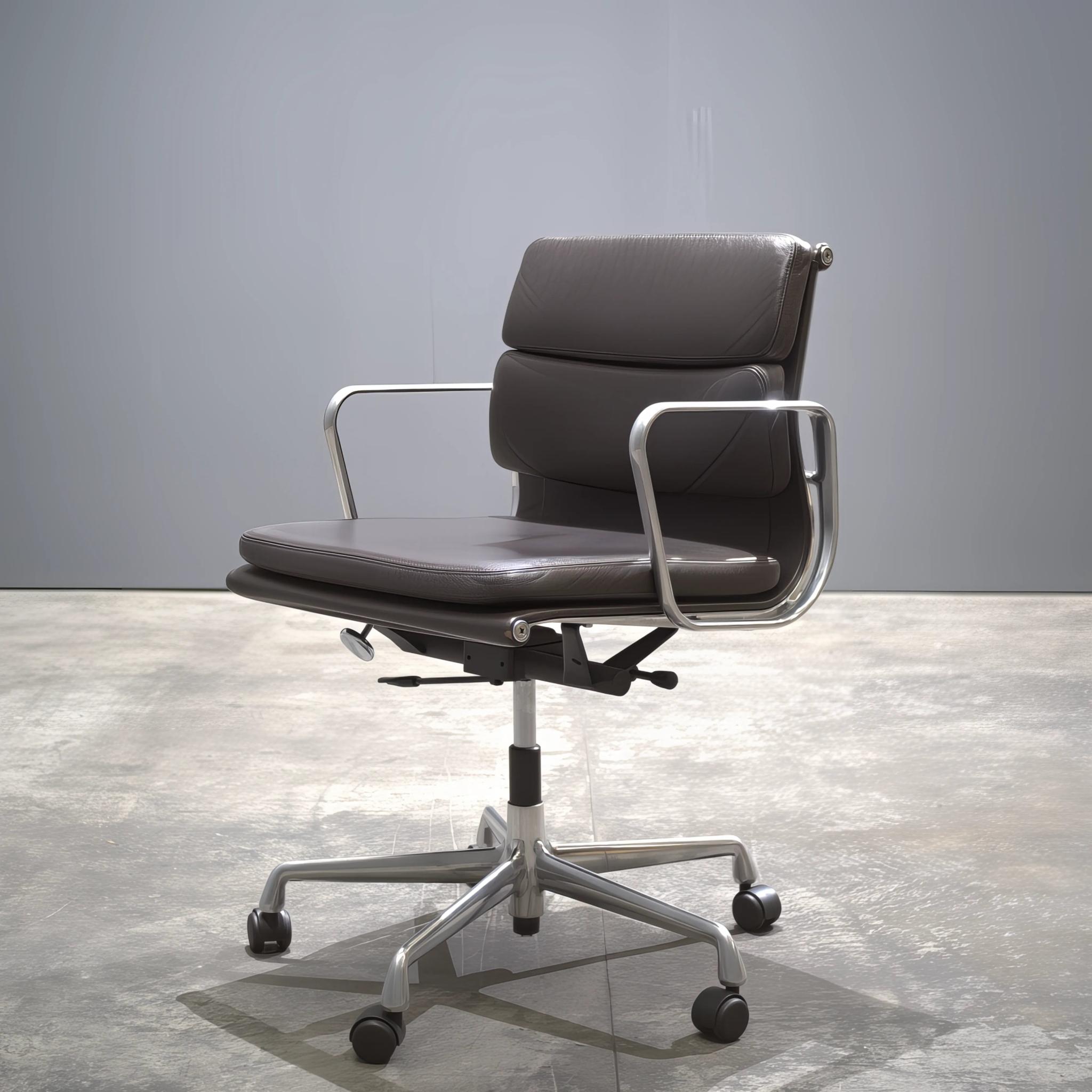 Charles & Ray Eames EA 435 Soft Pad Office Chair: This black leather office chair by Charles & Ray Eames for Vitra, crafted in the 1990s, is a classic piece of modern design. Its low back and sleek lines provide both comfort and style. Perfect for