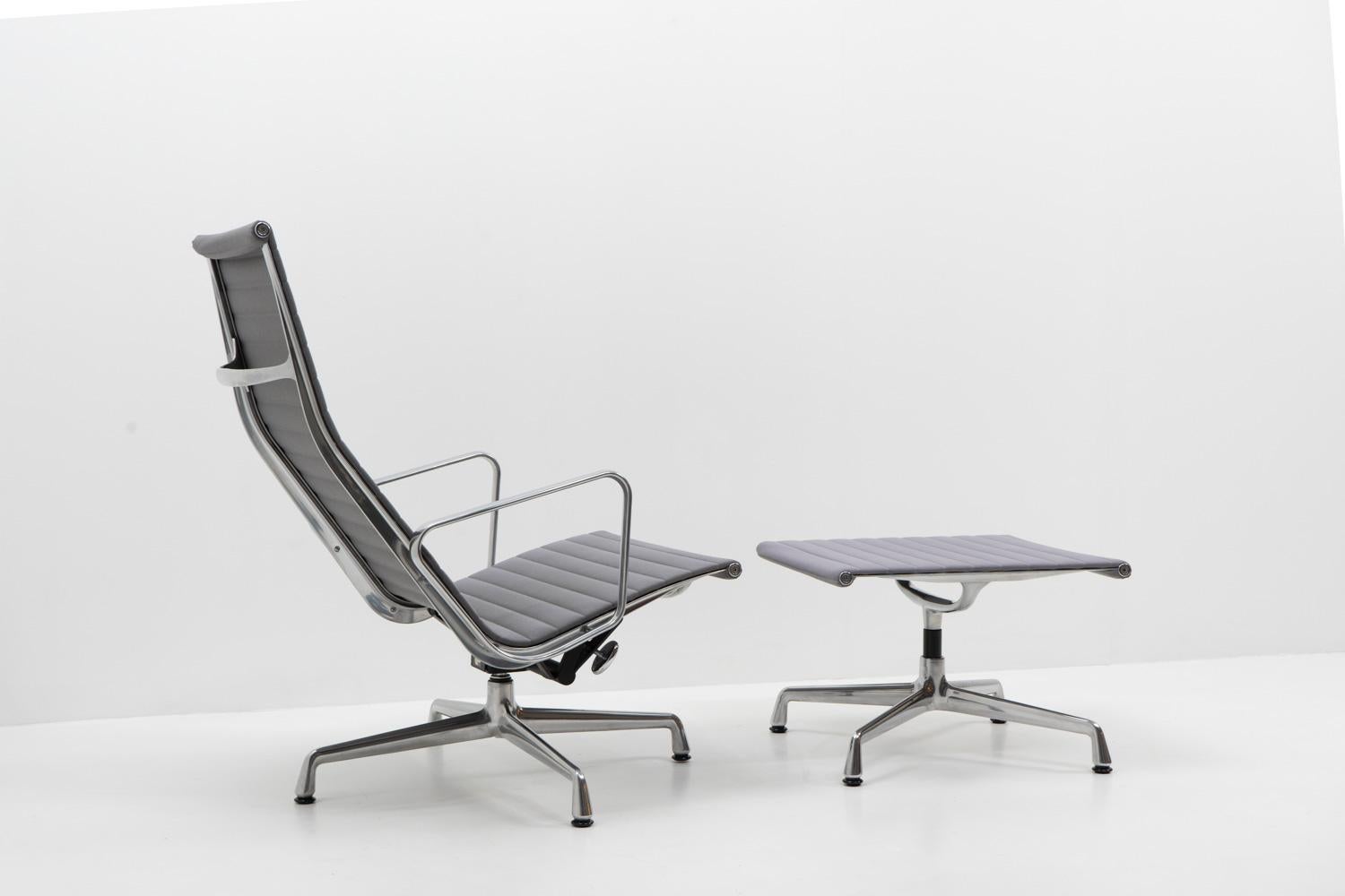 German Eames EA124 / EA125 Alu Lounge Chair with Footstool, Vitra For Sale