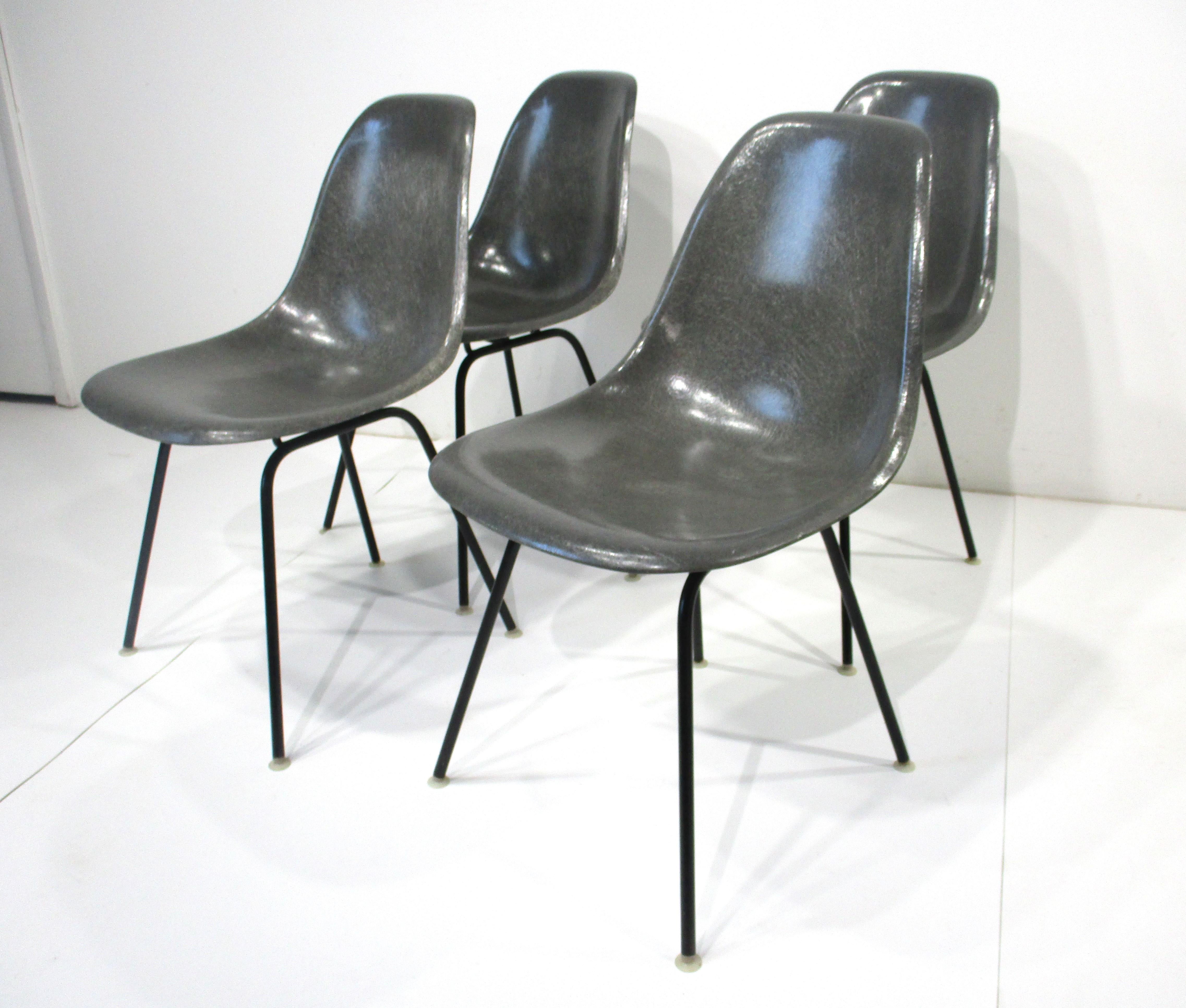 A set of four beautiful elephant hide gray fiberglass dining chairs with satin black metal H bases having nylon feet to protect your floors . Designed by the iconic Mid Century team of Ray and Charles Eames for the Herman Miller furniture company .  