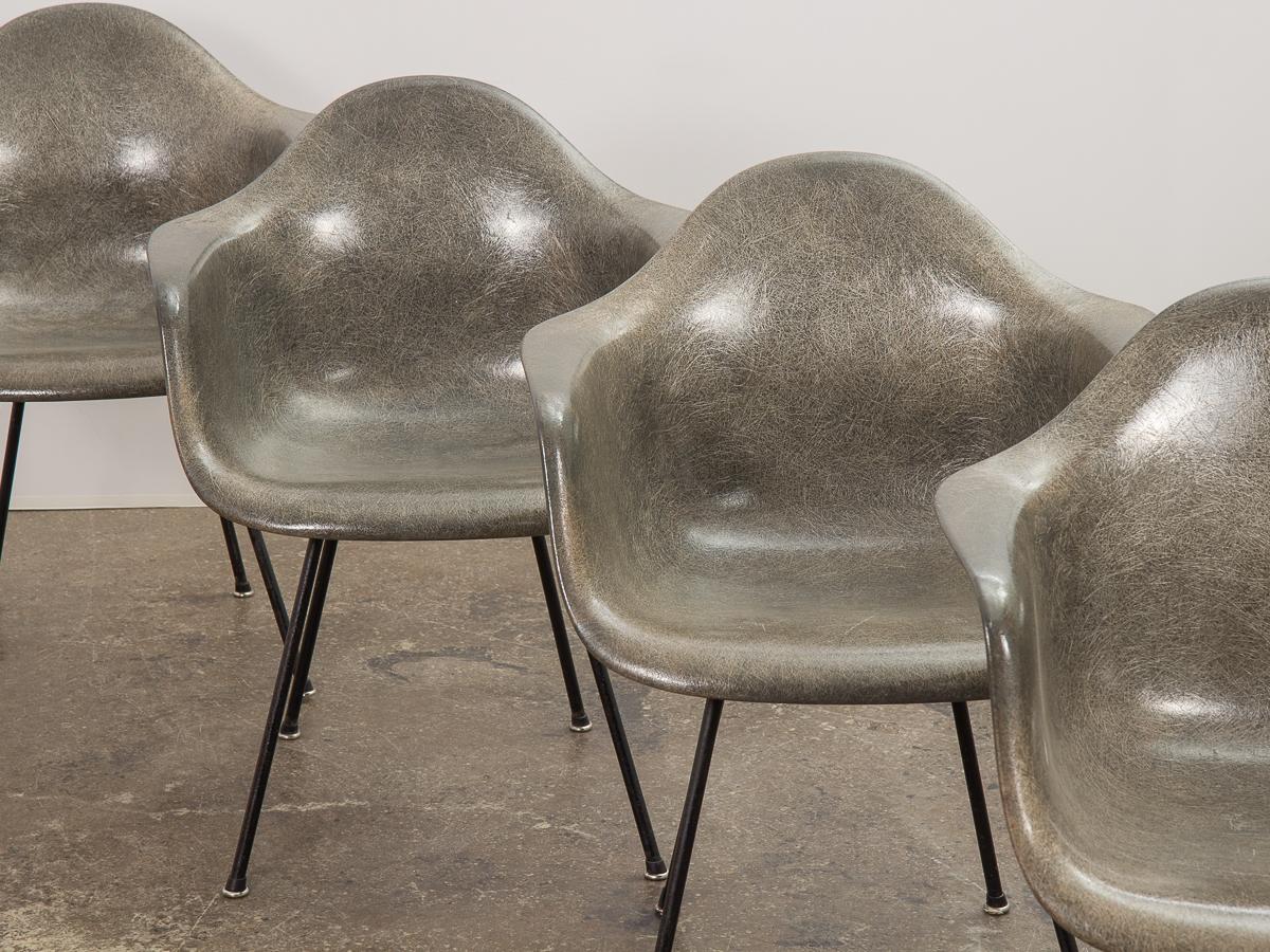 Satz von vier frühen Zenith-Sesseln der 1. Generation mit Seilkante, entworfen von Ray und Charles Eames für Herman Miller. In einer seltenen und sehr begehrten grauen Elefantenhautfarbe hat jeder Stuhl eine ausgeprägte Fiberglasfadenstruktur, die
