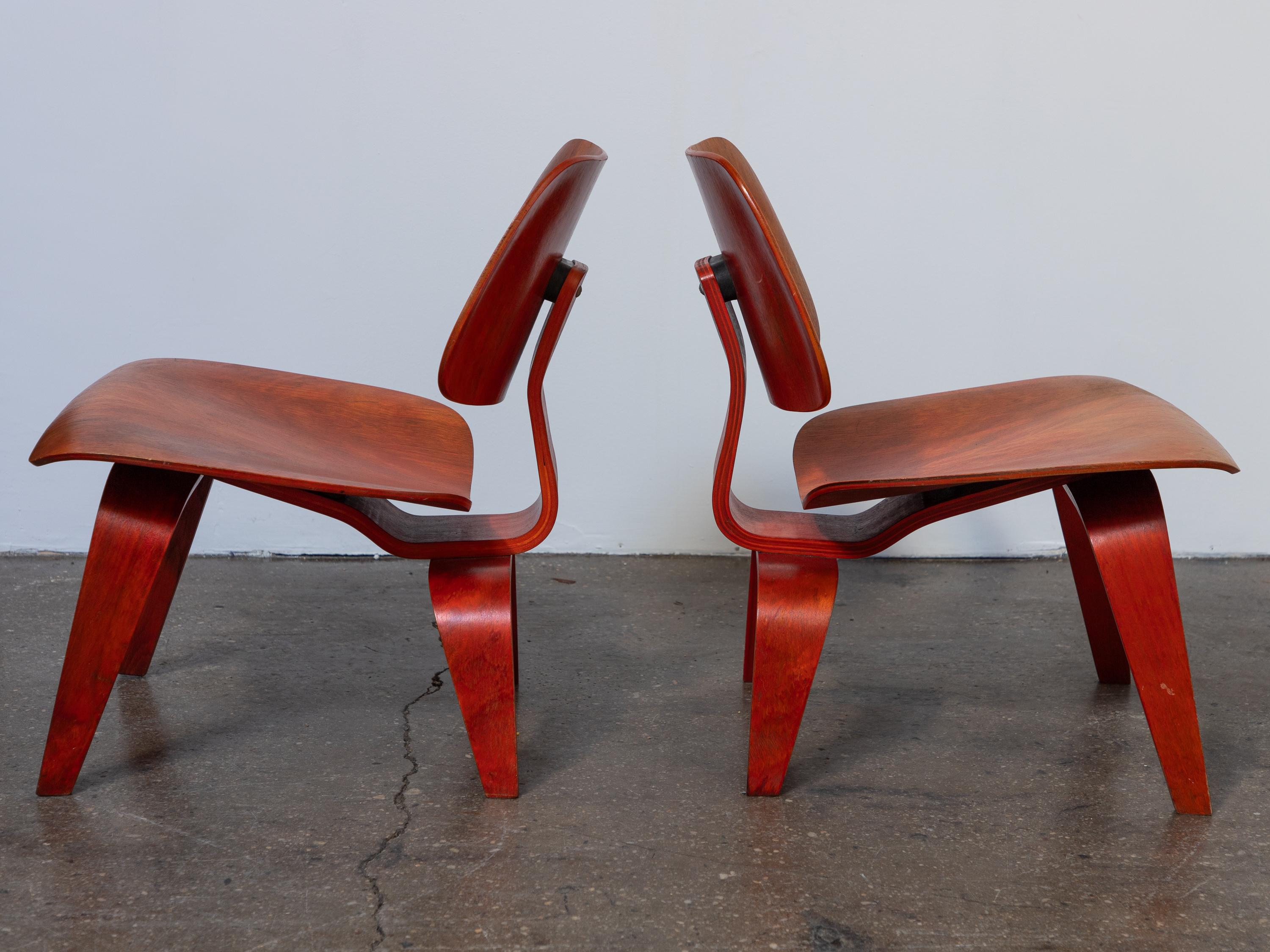 Mid-Century Modern Eames Evans Red Aniline Dye LCW Lounge Chairs - Matched Pair   For Sale
