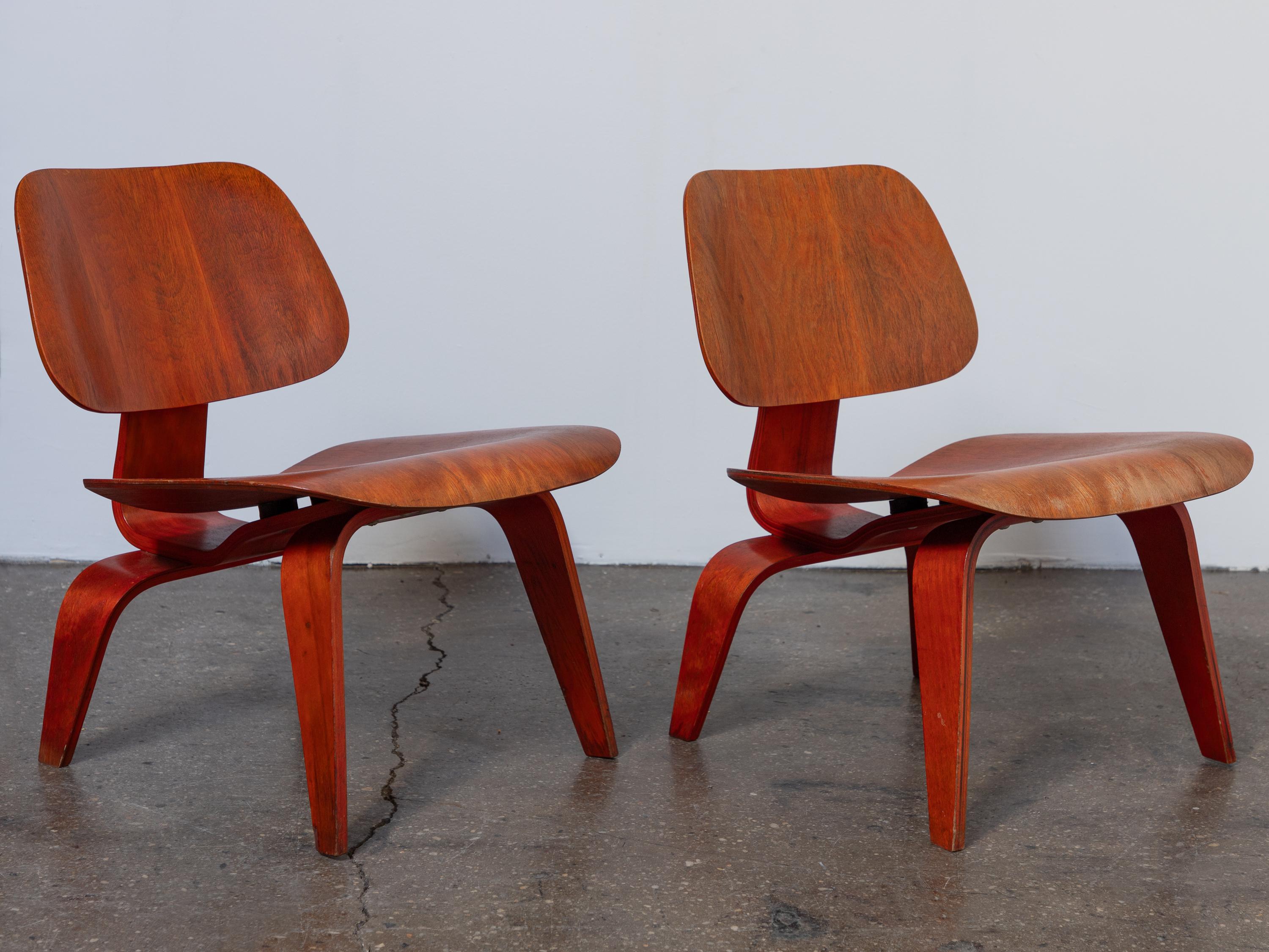 American Eames Evans Red Aniline Dye LCW Lounge Chairs - Matched Pair   For Sale