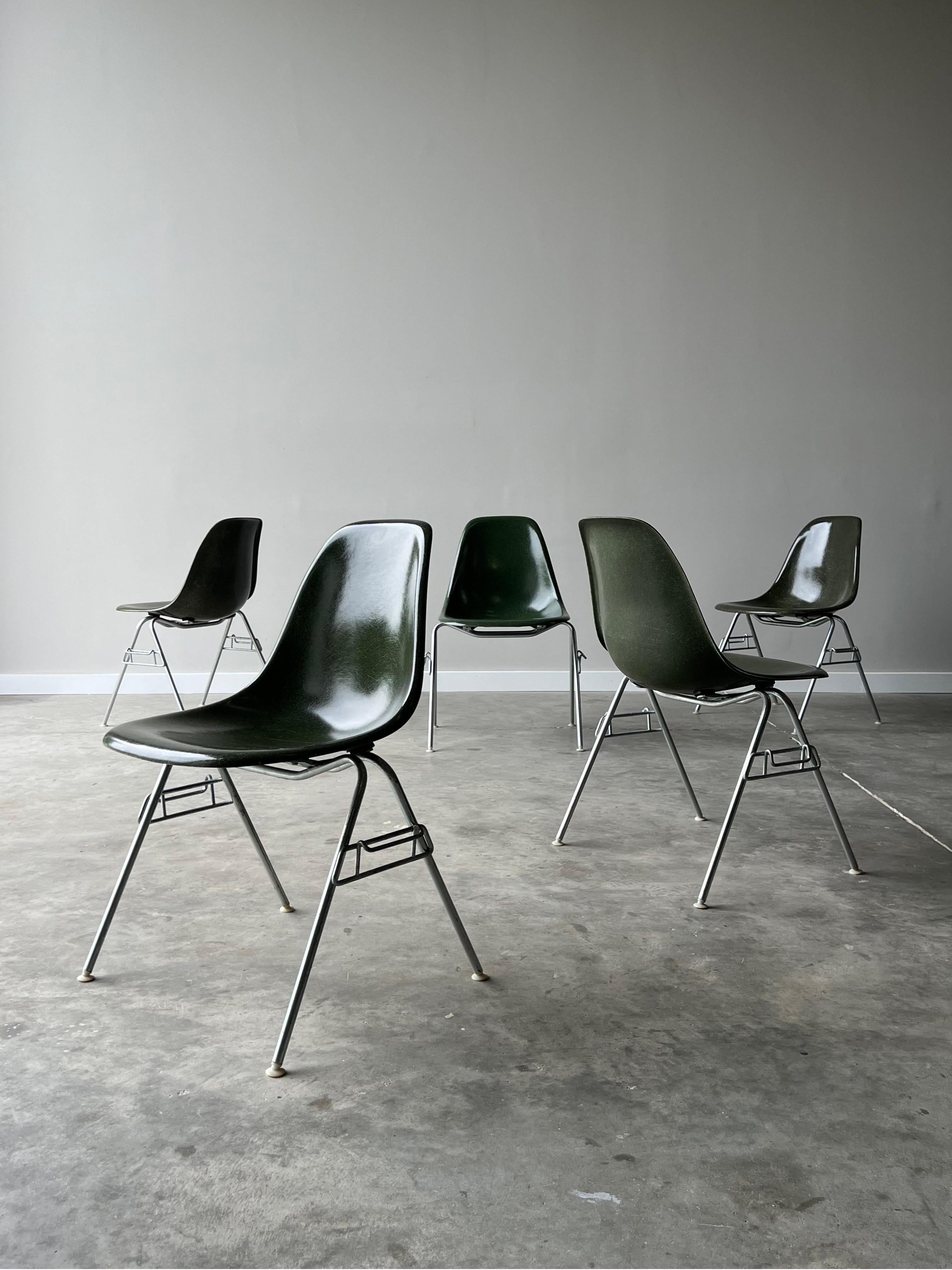 A rare and wonderful opportunity to collect, add, or start a collection. There are 46 available and we will continue to edit the amount available when sold. Priced per chair. Classic 1960s vintage Eames fiberglass shell chairs in beautiful and rare