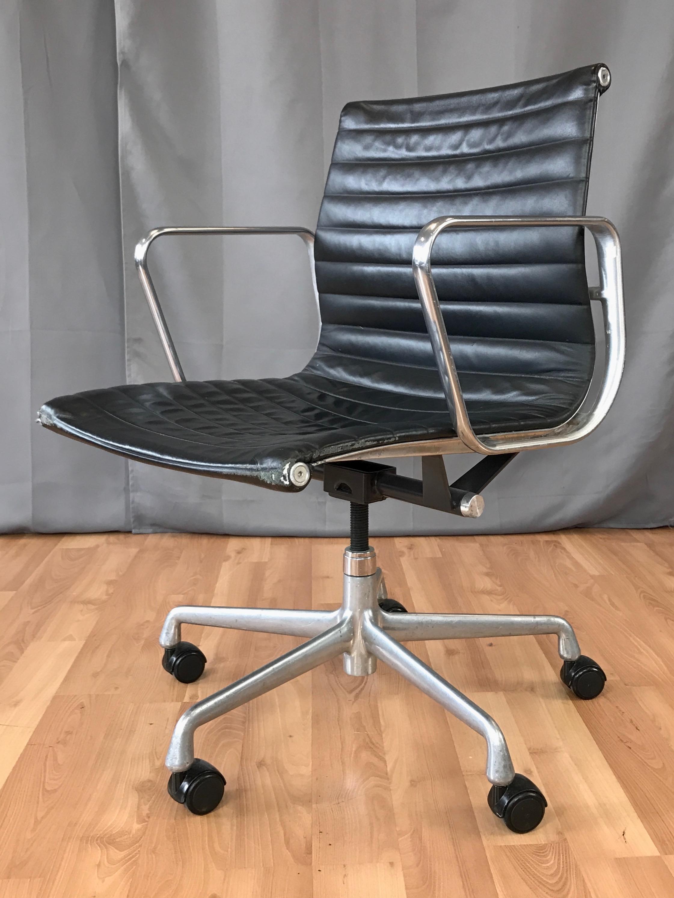 A special limited edition 50th Anniversary black leather Aluminum Group Management Chair by Charles and Ray Eames for Herman Miller, designed in 1958 and produced in 2008.

A Mid-Century Modern design icon, with clean lines and minimalist cast