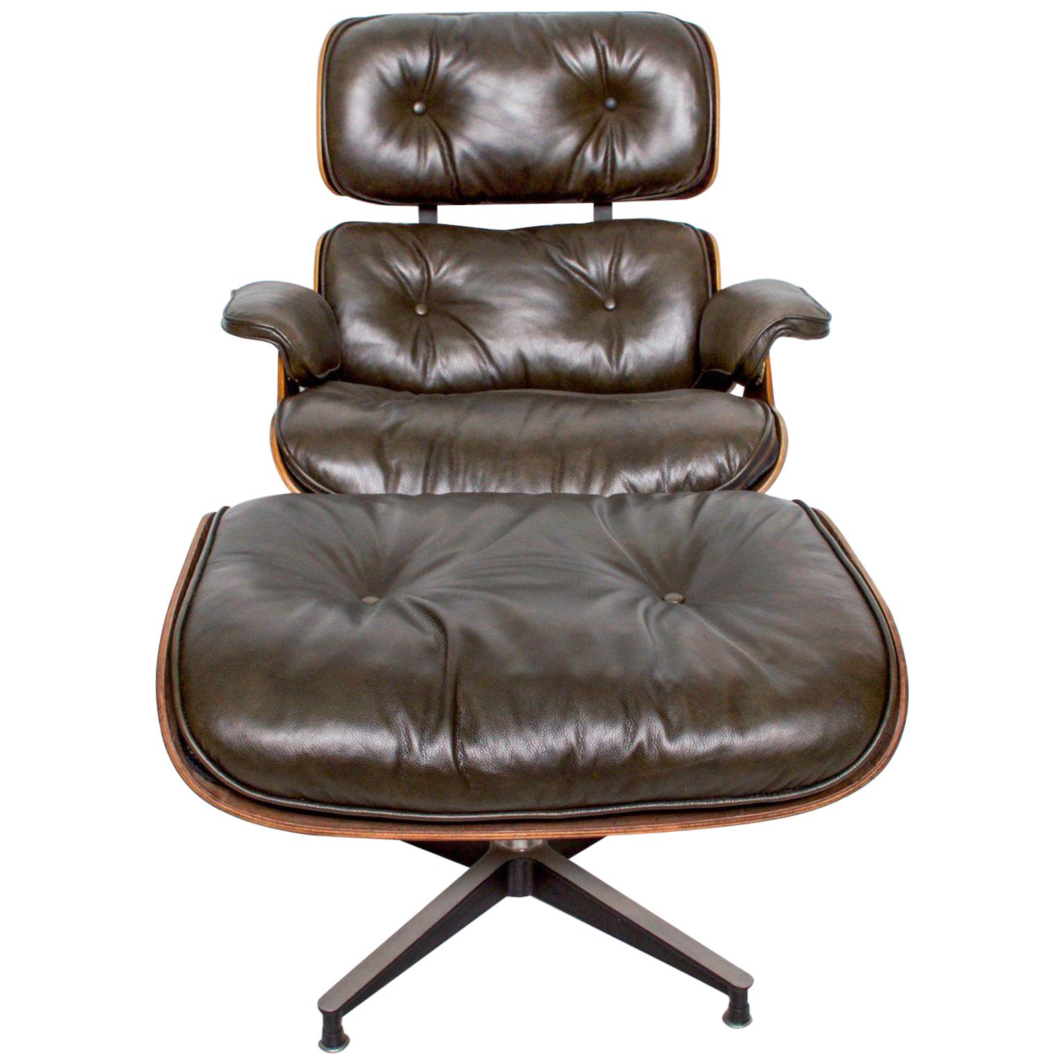 Eames for Herman Miller Dark Green Leather Lounge Chair and Ottoman