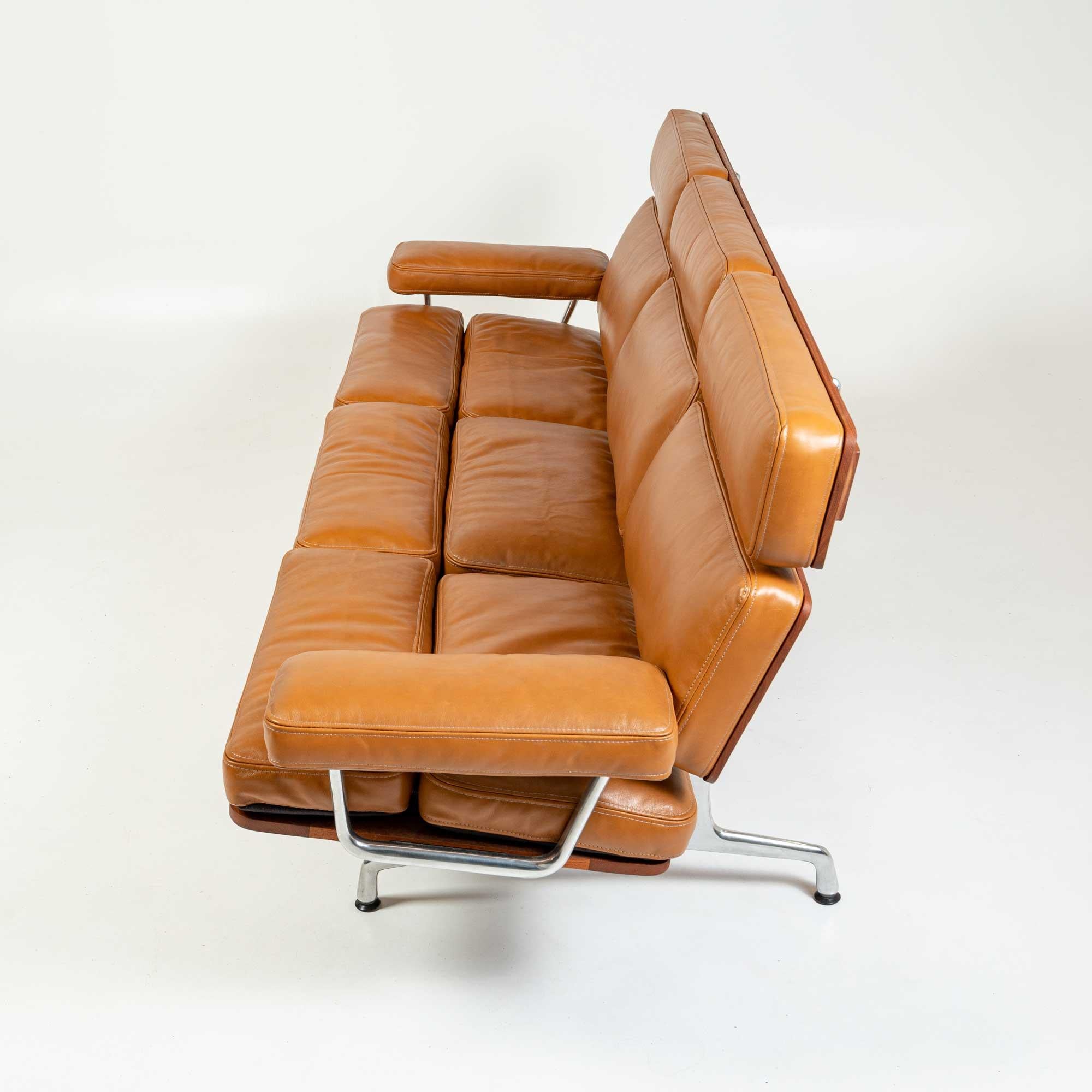 Mid-Century Modern Eames for Herman Miller Eames Sofa in Teak and Maharam Sorghum Brown Leather