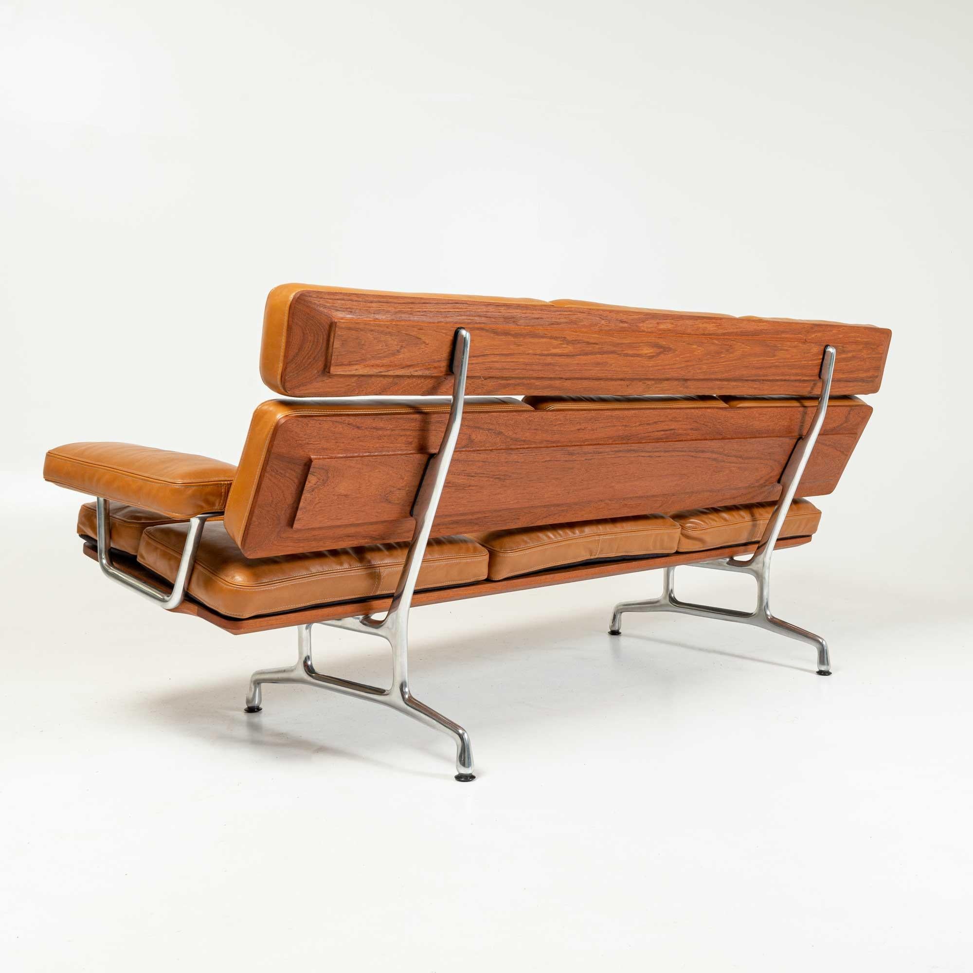North American Eames for Herman Miller Eames Sofa in Teak and Maharam Sorghum Brown Leather