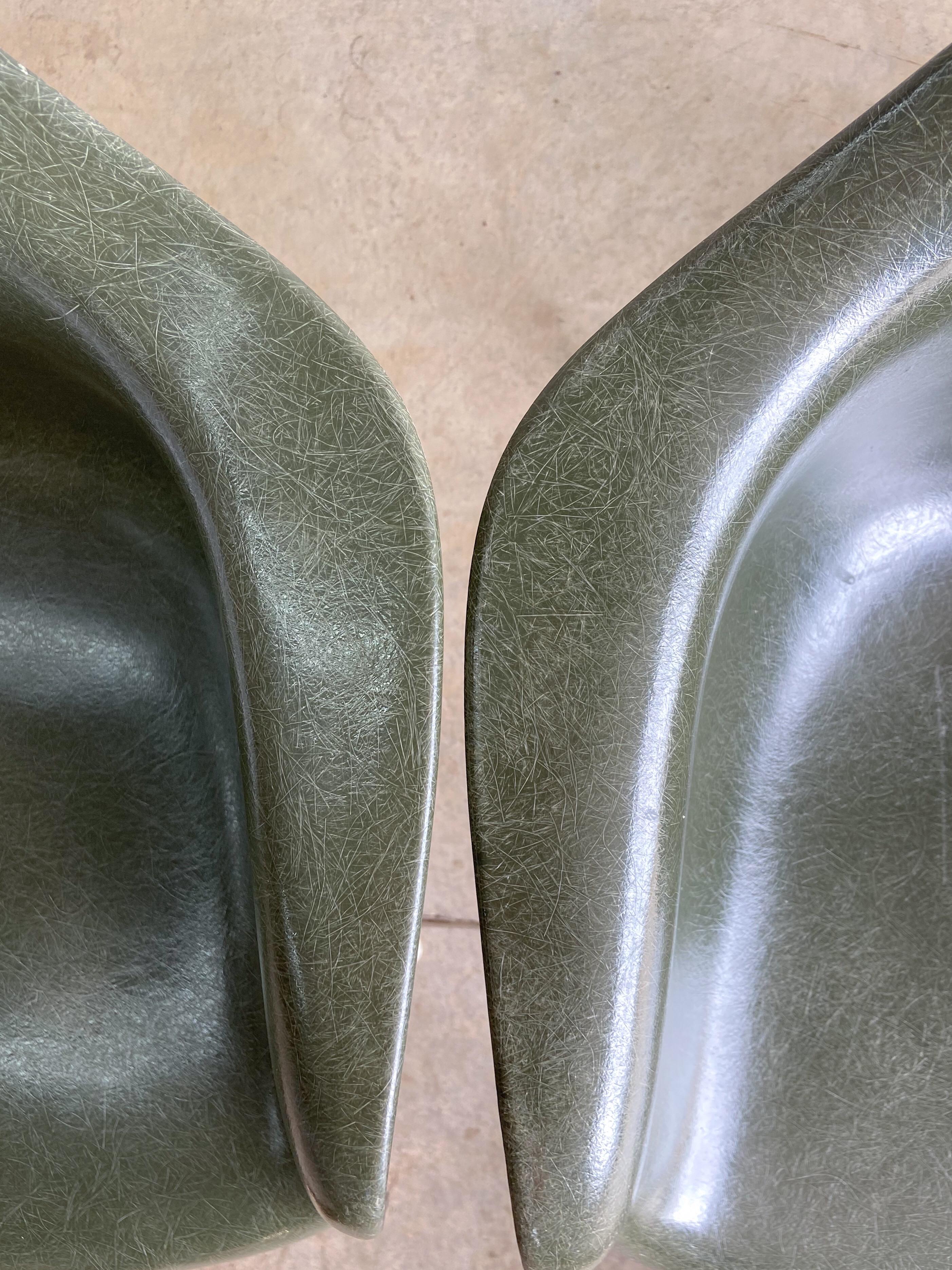 Mid-Century Modern Herman Miller Fiberglass Chairs, Charles and Ray Eames, Olive Green, 1960's For Sale