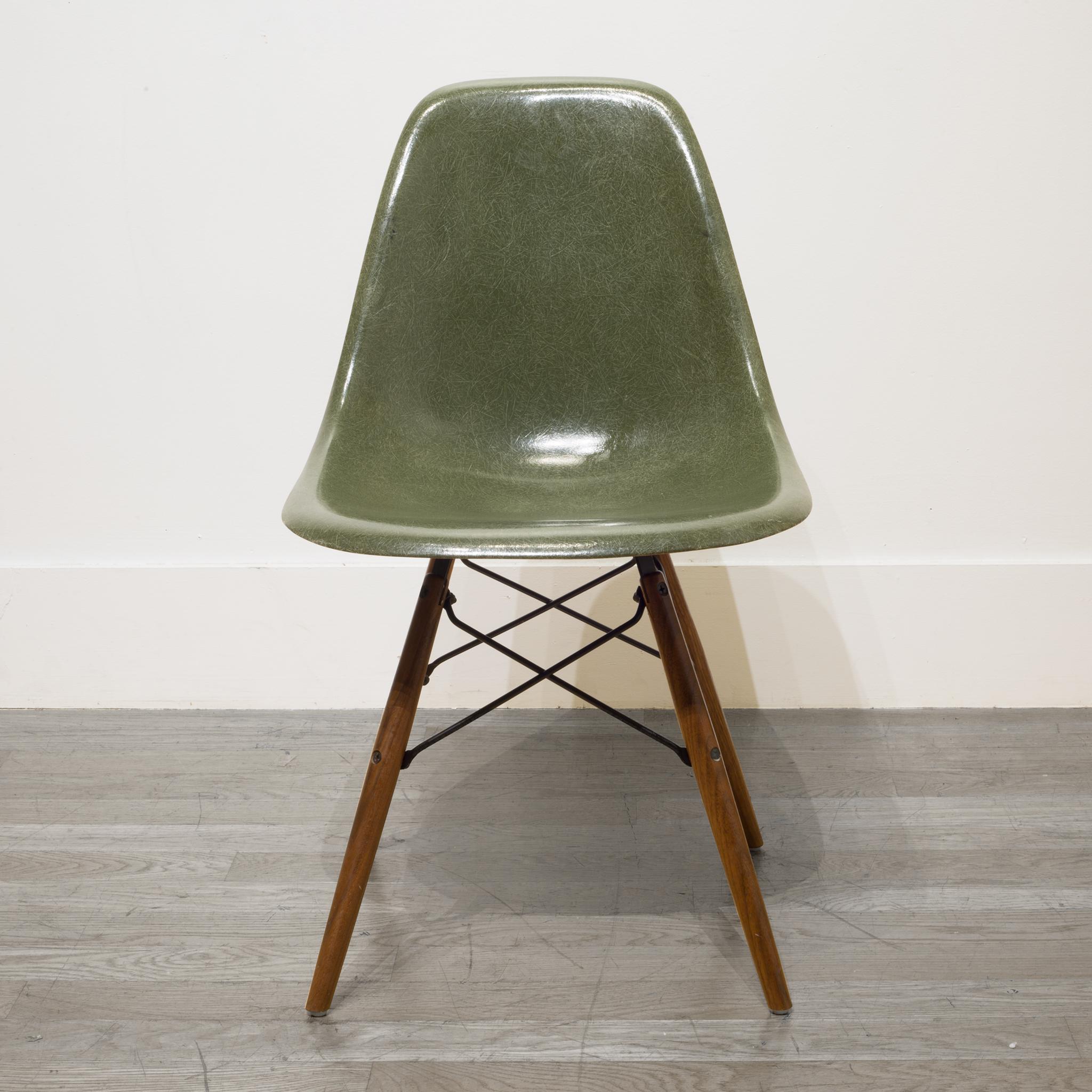 ABOUT

This is an original 1950s Eames fiberglass shell chair with original model sticker in Seafoam Green. Stamped with the 