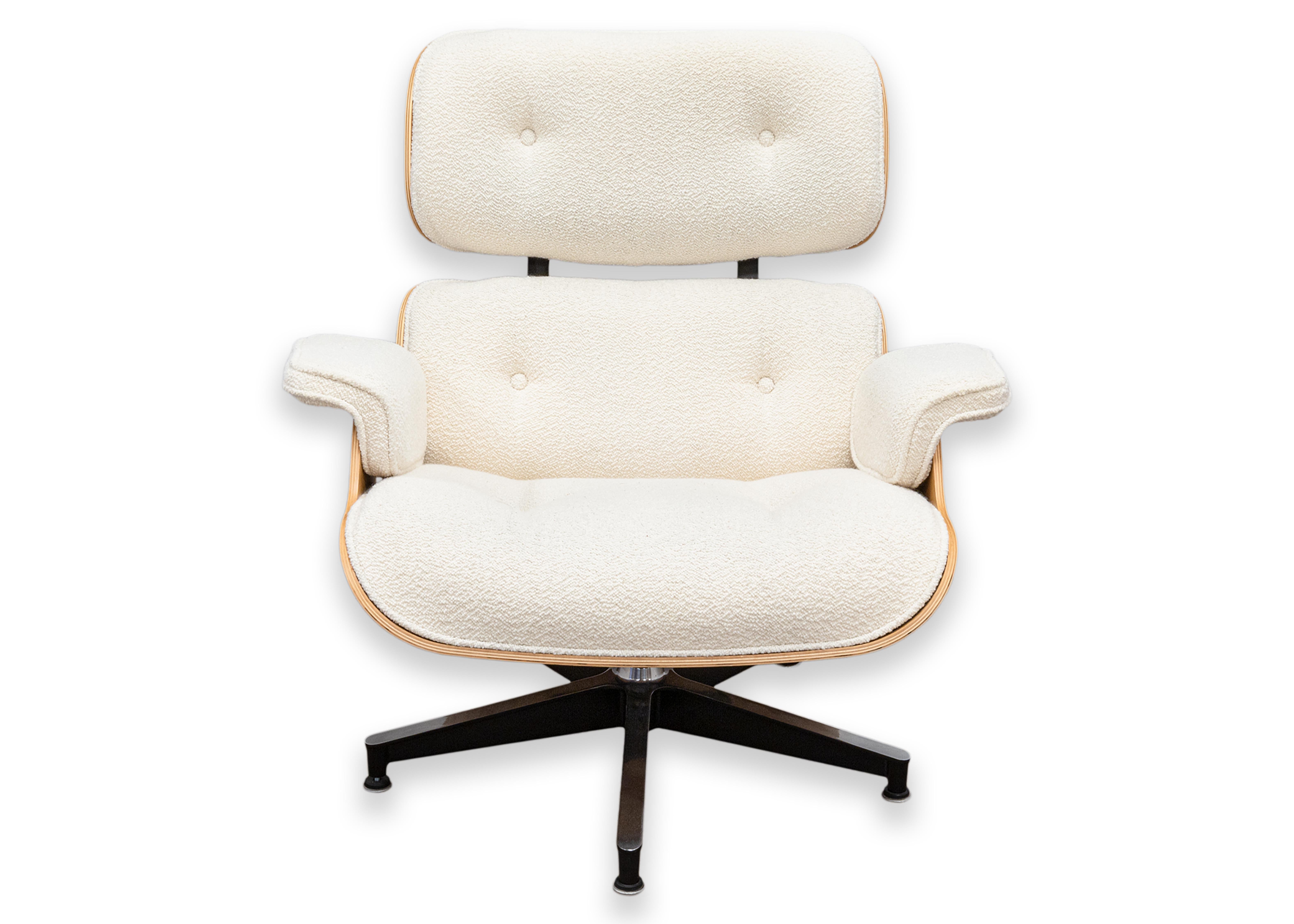 American Eames For Herman Miller Lounge Chair and Ottoman in White Oak and Cream Boucle