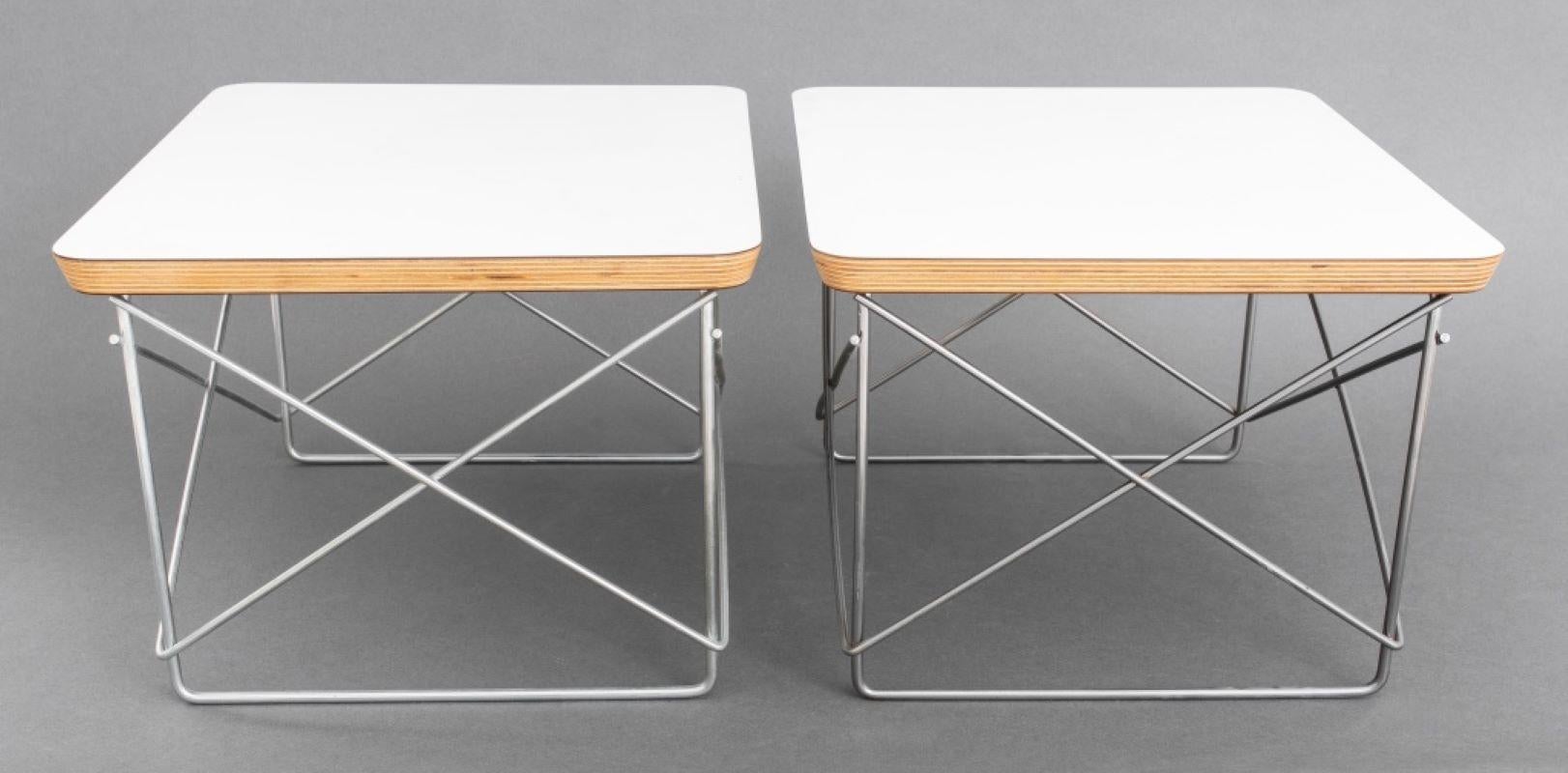 Eames for Herman Miller pair of Modern LTR side tables with white tops, marked on bottom.

Dimensions: 10