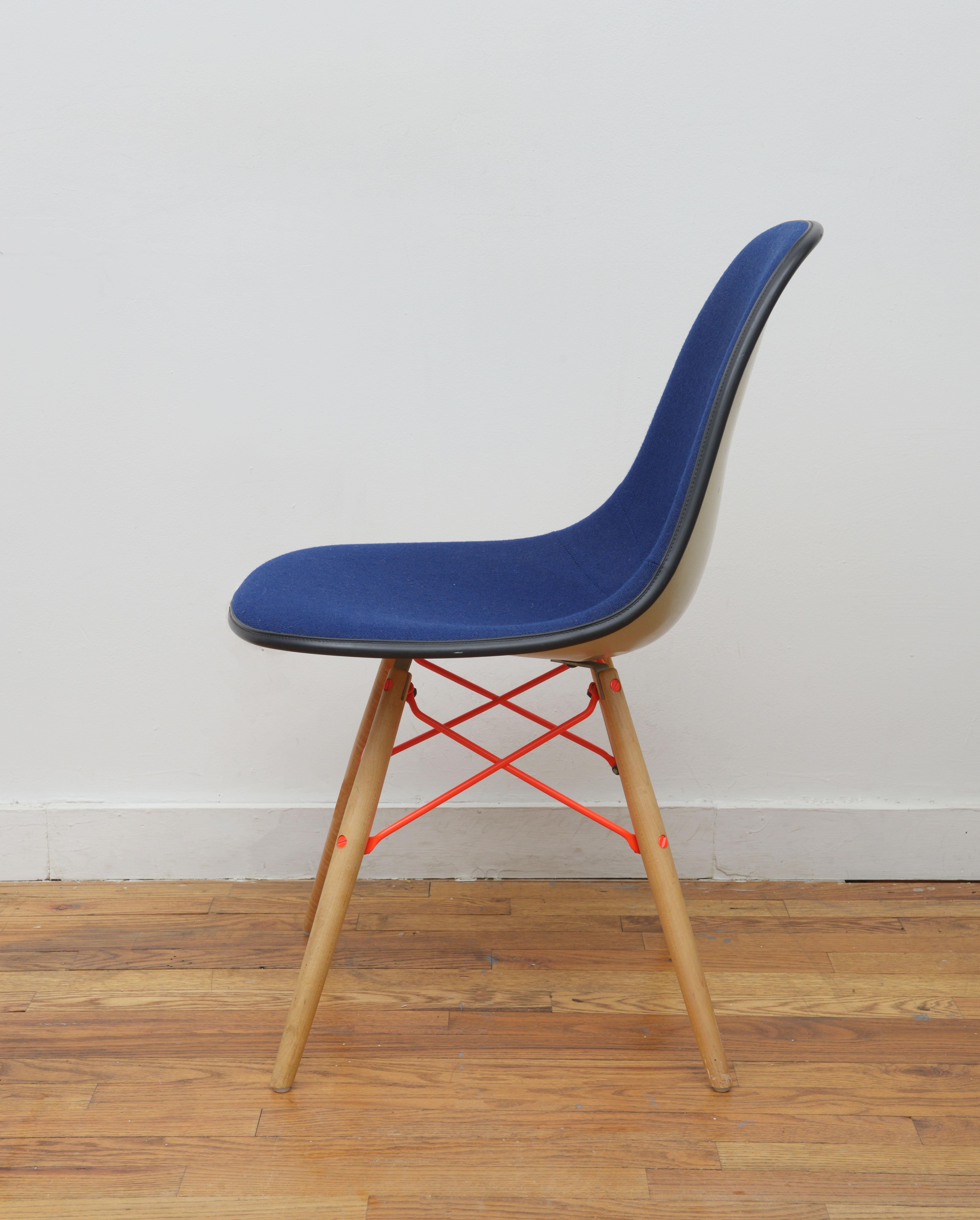 Mid-Century Modern Eames for Herman Miller Rare Fiberglass Upholstered Blue and Orange Dining Chair For Sale