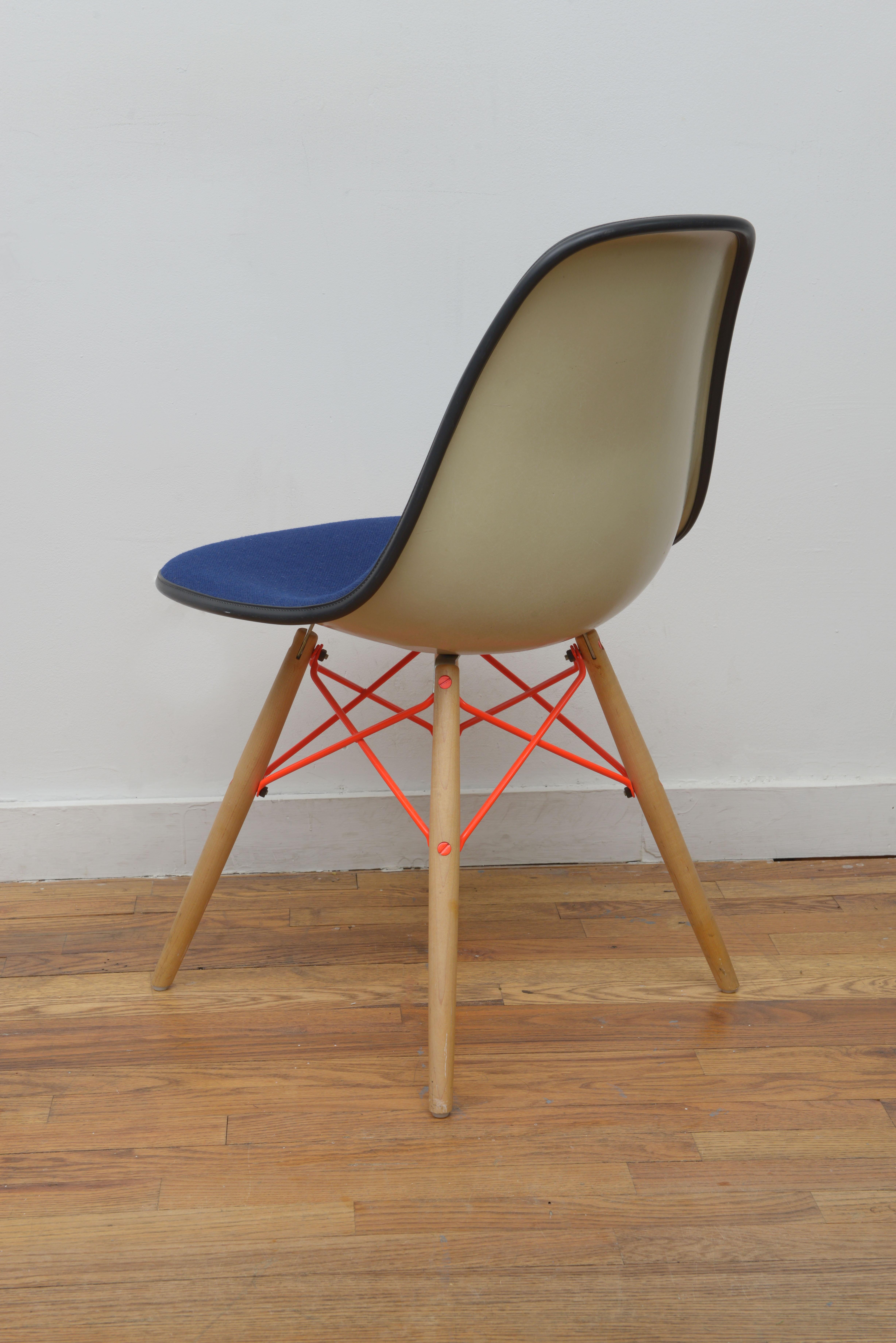 American Eames for Herman Miller Rare Fiberglass Upholstered Blue and Orange Dining Chair For Sale