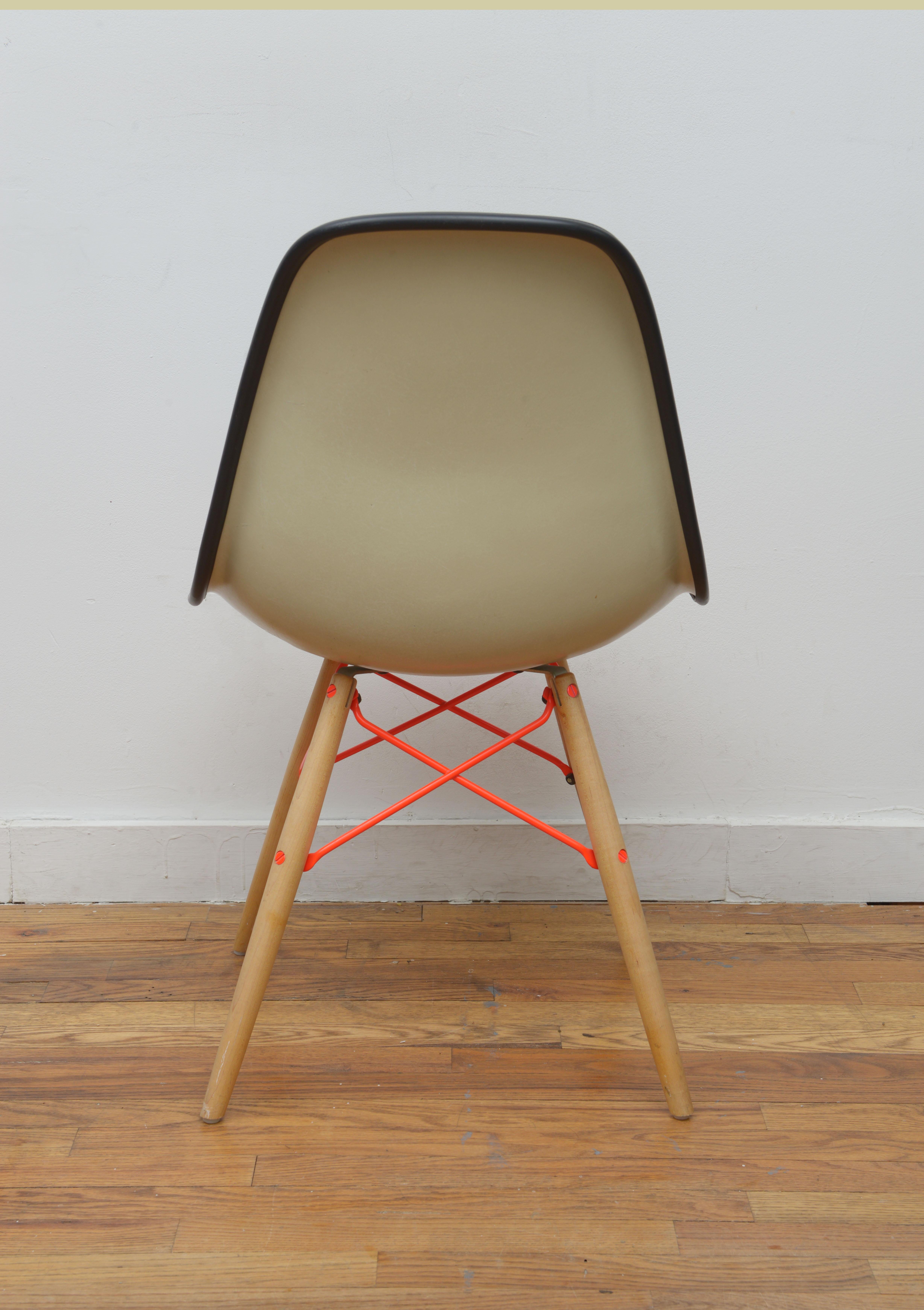 Hand-Crafted Eames for Herman Miller Rare Fiberglass Upholstered Blue and Orange Dining Chair For Sale