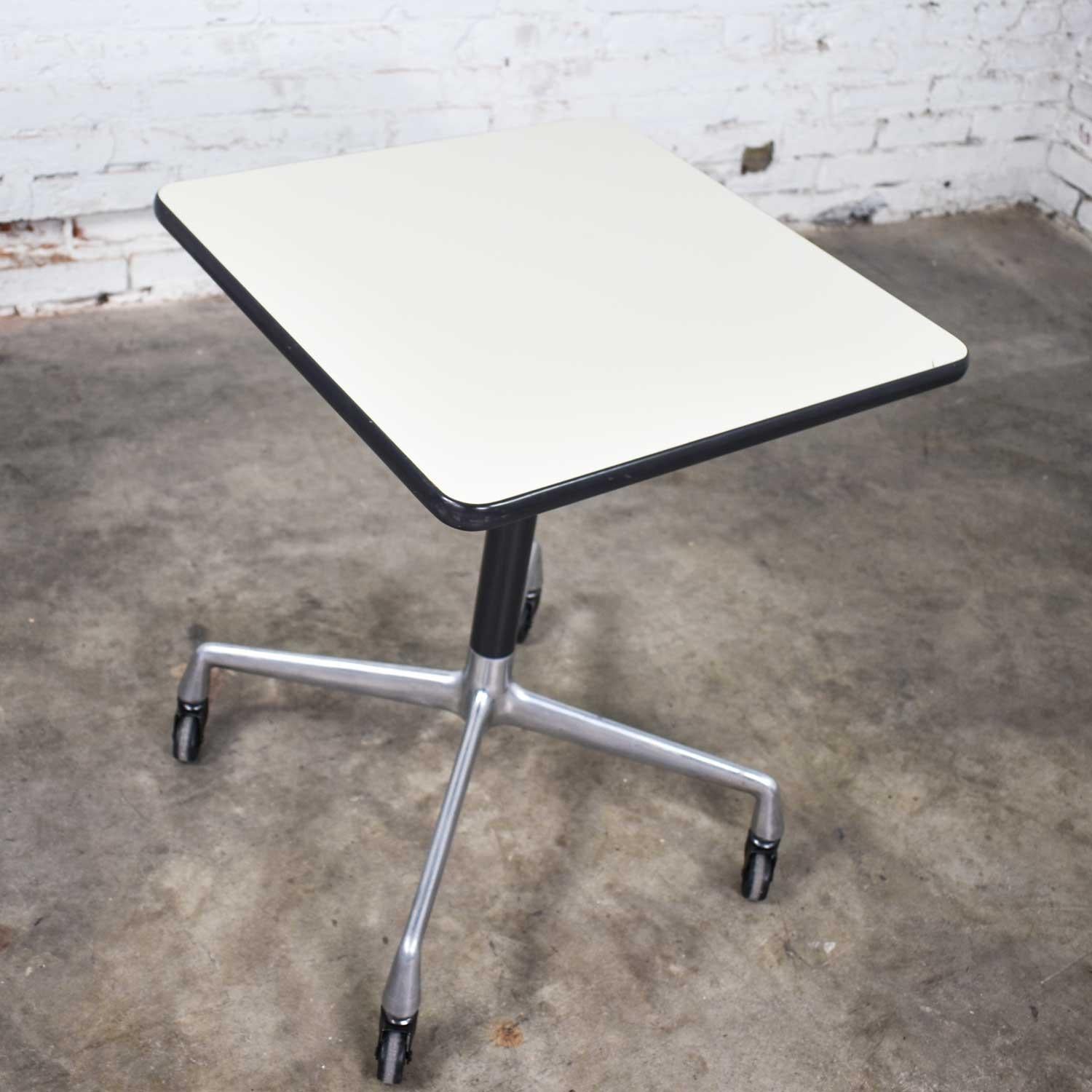 Mid-Century Modern Eames for Herman Miller Rolling Side Table Universal Base White Laminate Top