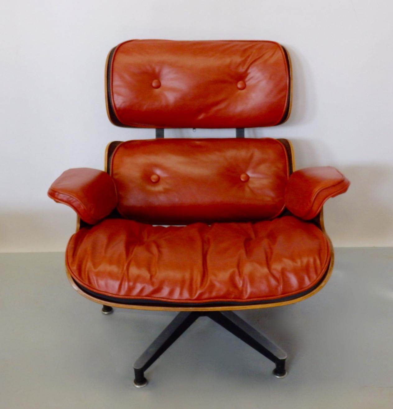 Mid-Century Modern Eames for Herman Miller Rosewood with Red Leather 670 Lounge Chair and Ottoman