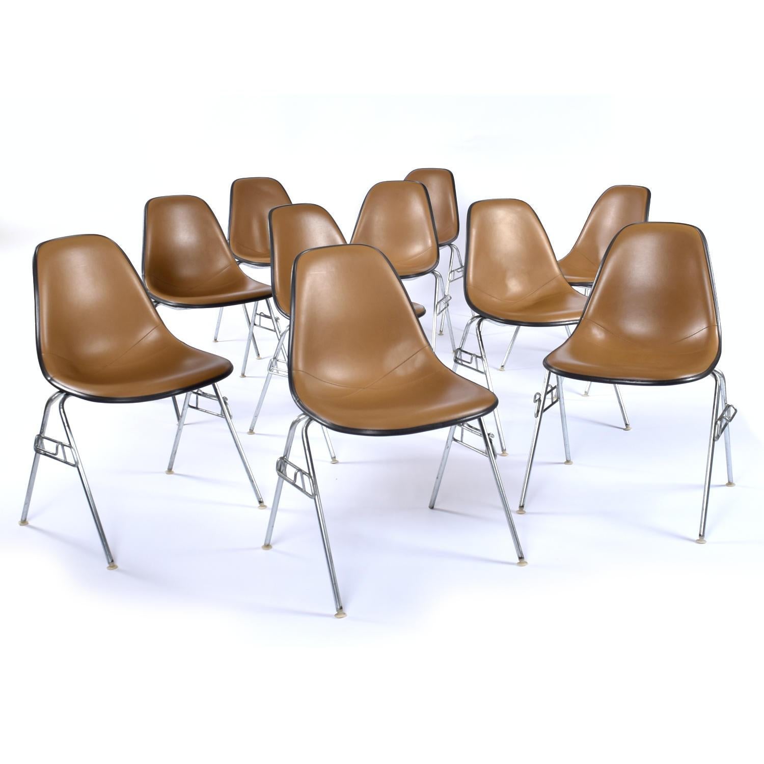 American Eames for Herman Miller Stacking Brown Naugahyde DSS Shell Chairs 20 Available