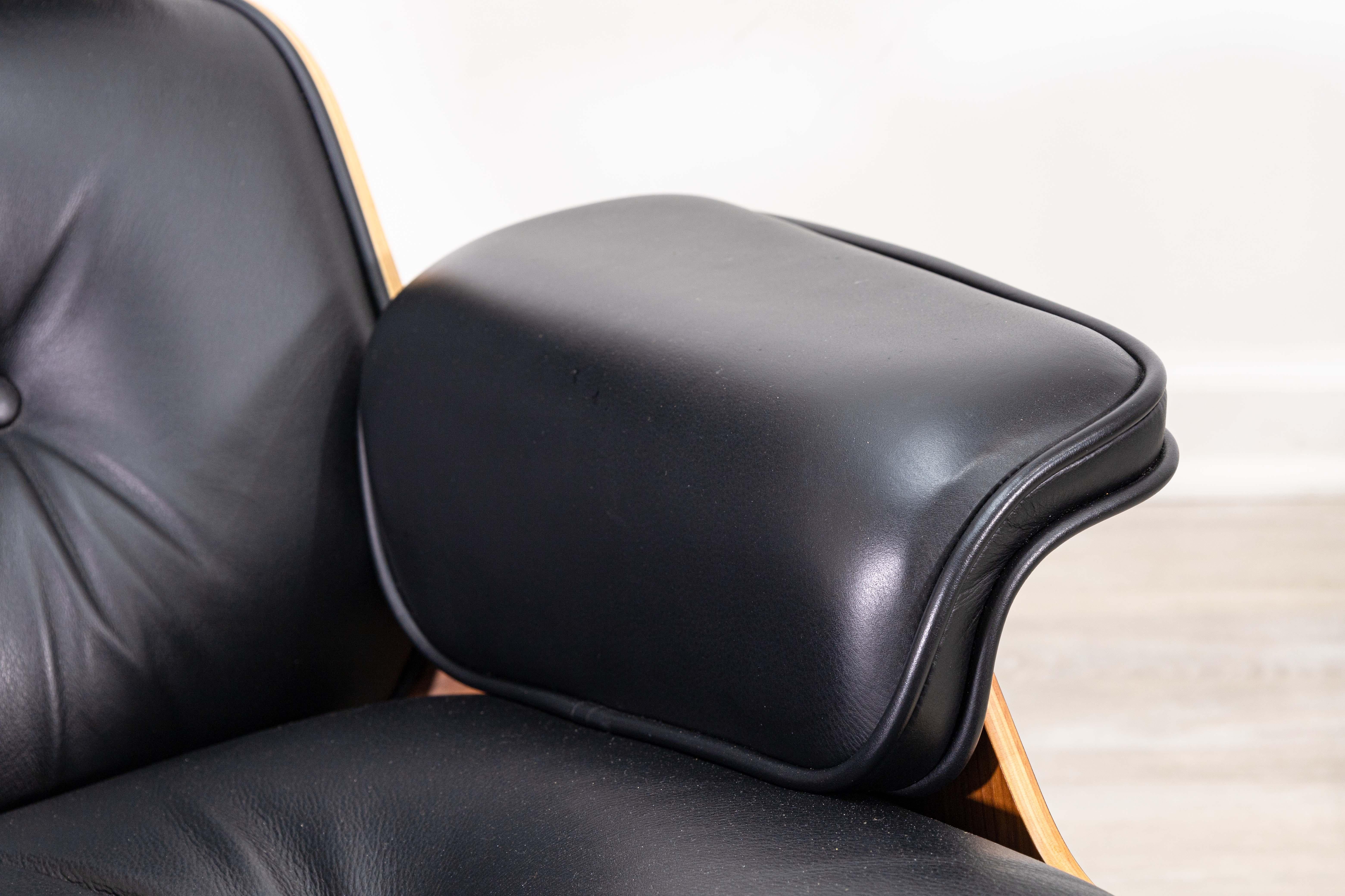 Eames for Herman Miller Walnut and Black Leather Lounge Chair and Ottoman w Tags 4
