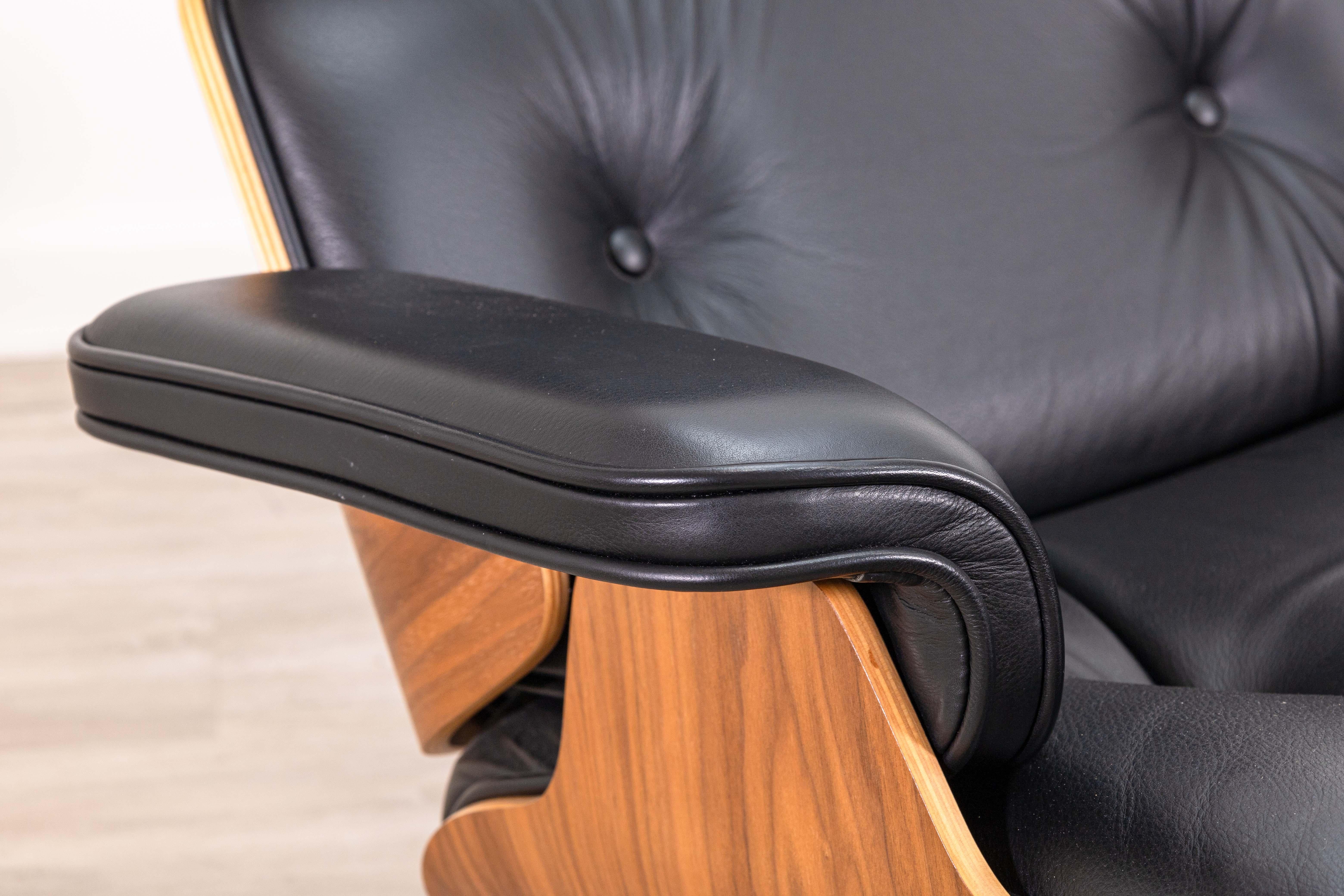 Eames for Herman Miller Walnut and Black Leather Lounge Chair and Ottoman w Tags 5