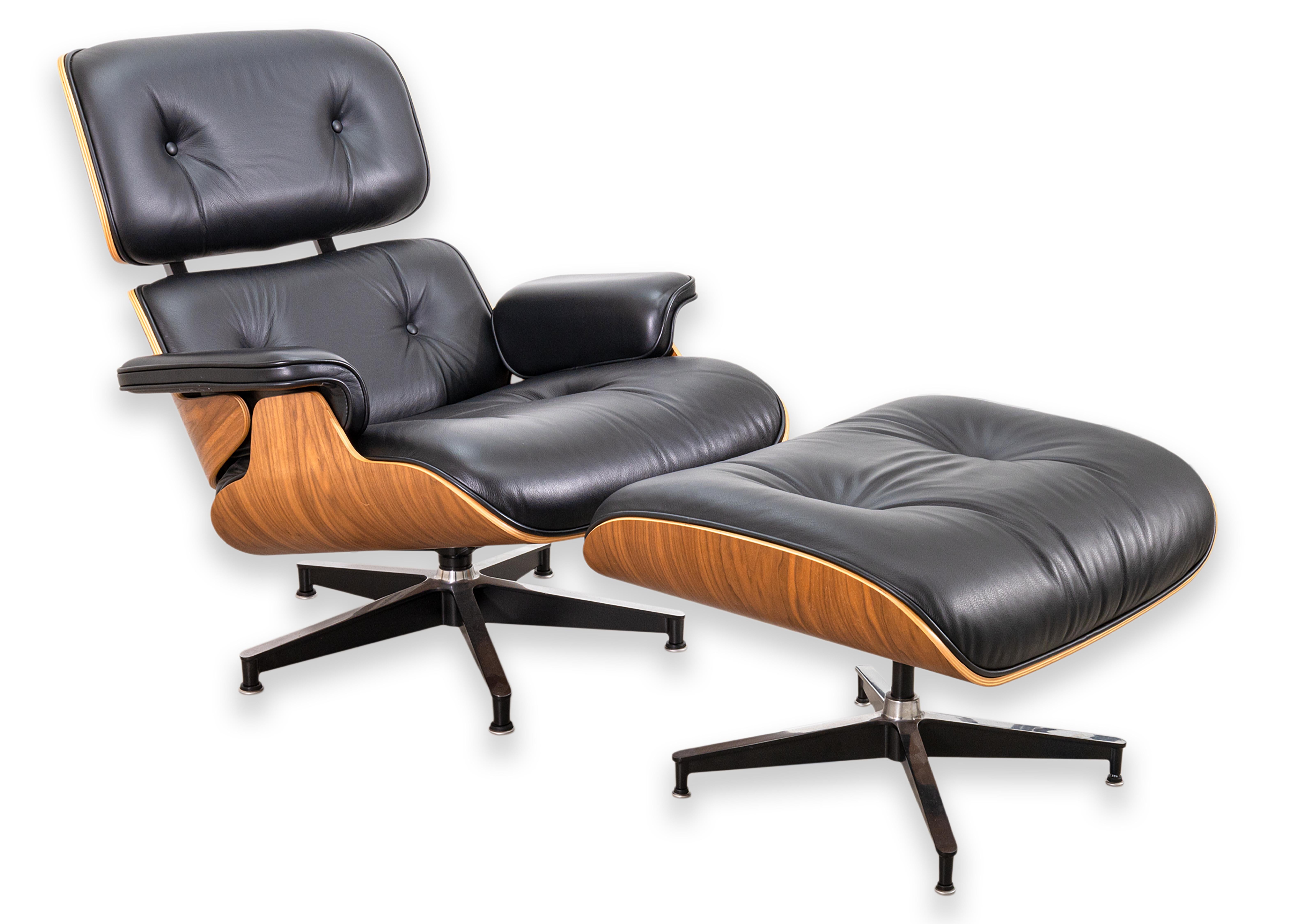 An Eames lounge chair and ottoman for Herman Miller. This is a gorgeous contemporary edition of the Eames lounger. The Eames lounge chair has been an icon in design since its creation in 1956. This piece defined the standard for mid century modern