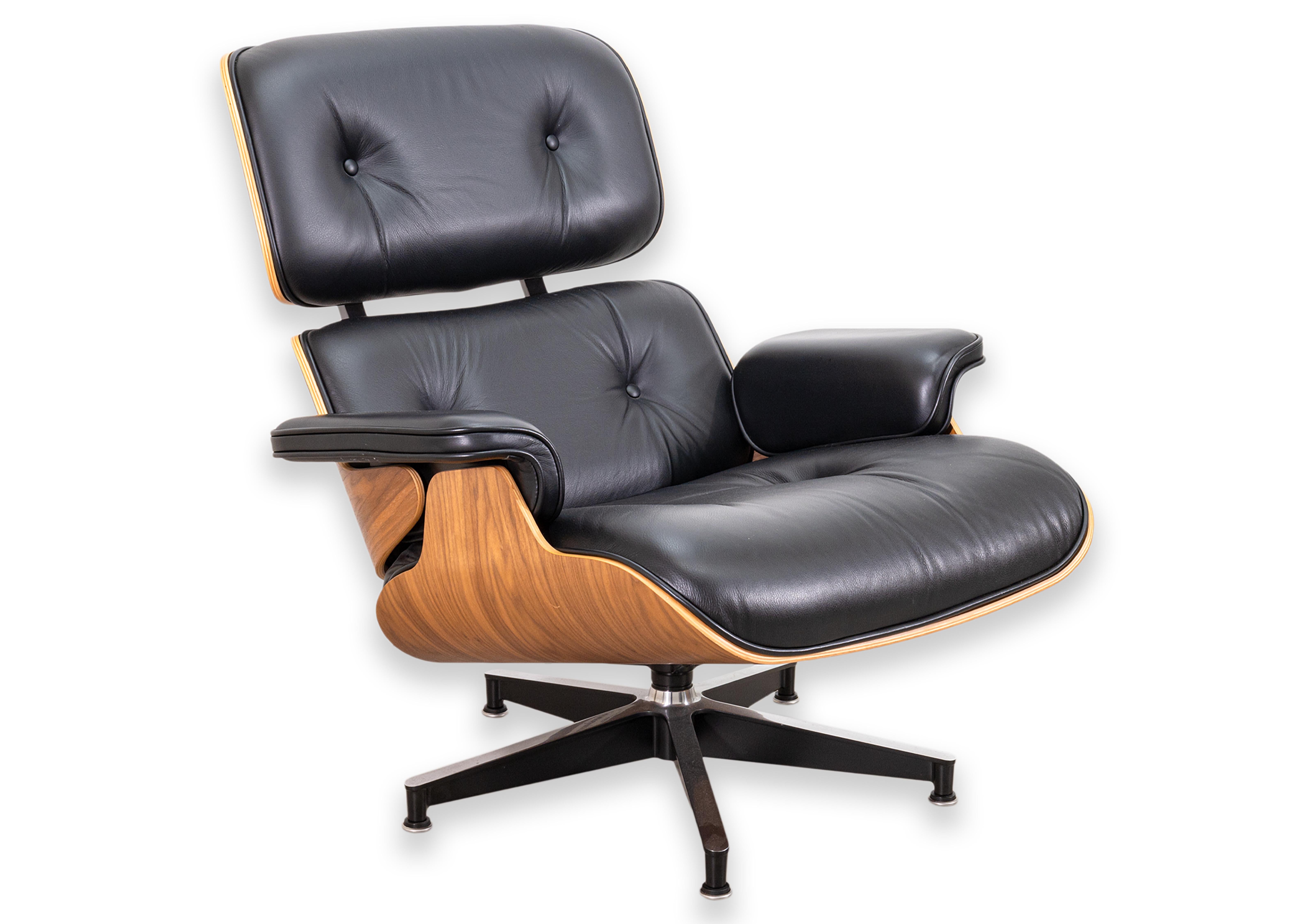 Mid-Century Modern Eames for Herman Miller Walnut and Black Leather Lounge Chair and Ottoman w Tags