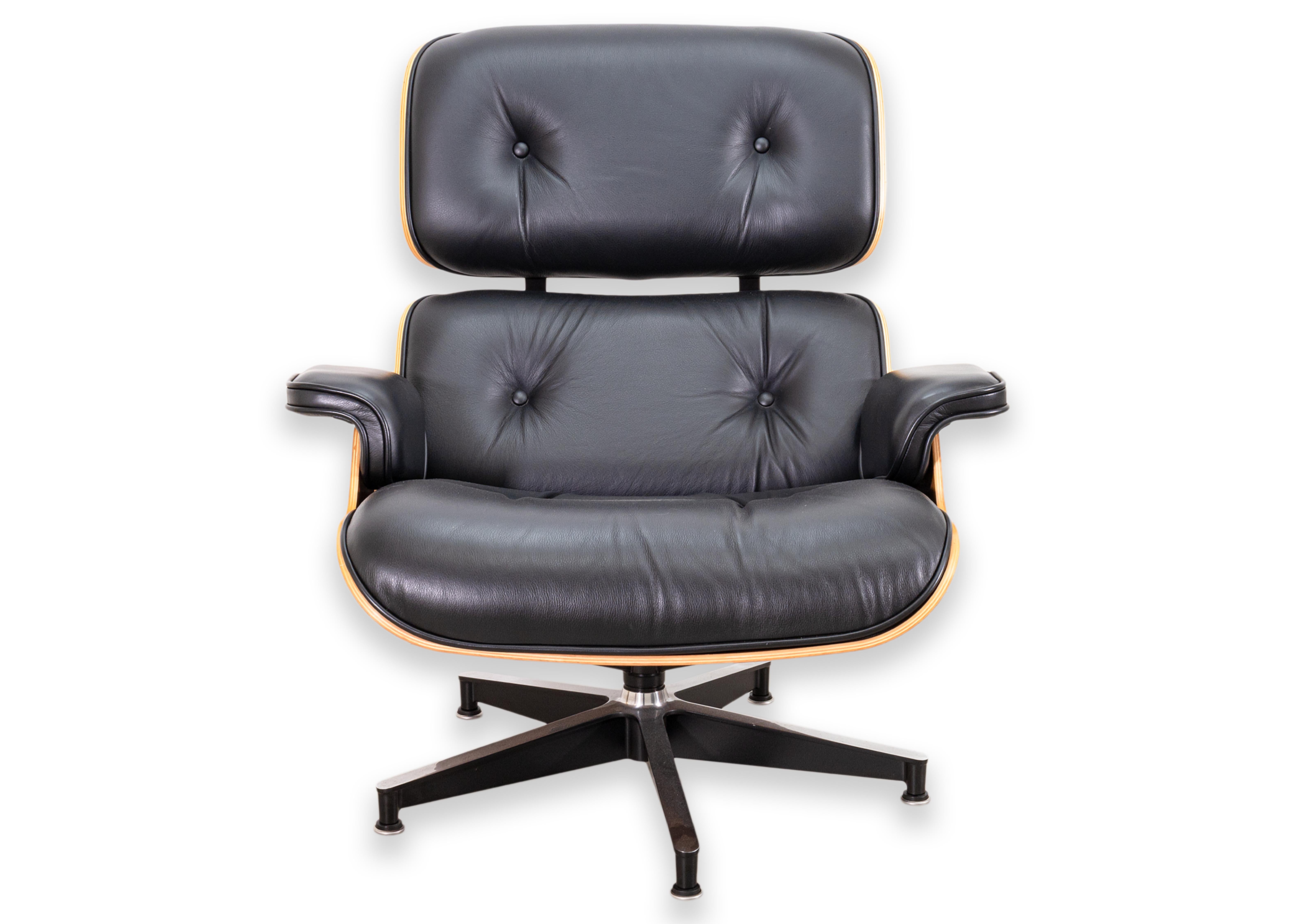 American Eames for Herman Miller Walnut and Black Leather Lounge Chair and Ottoman w Tags