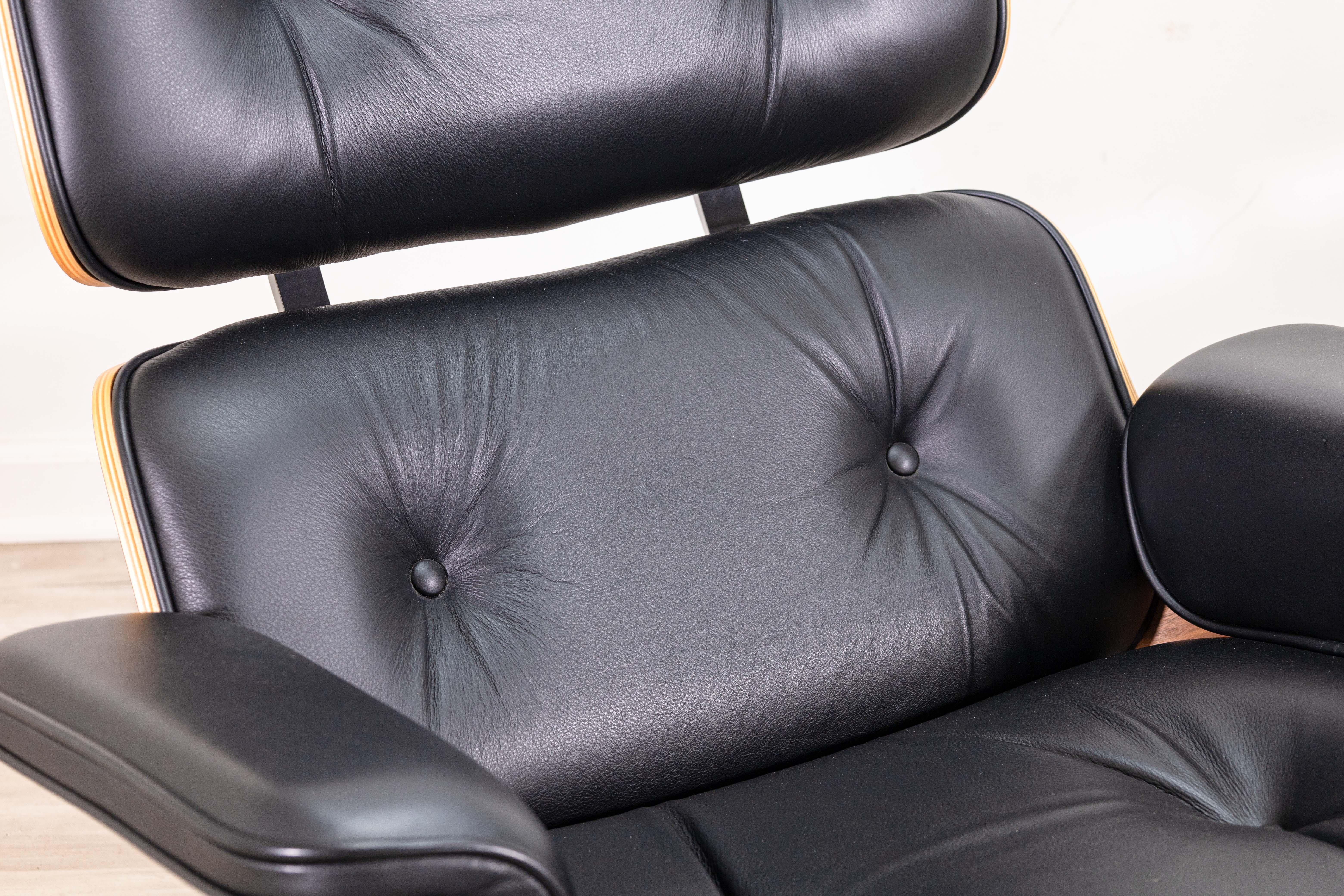 Eames for Herman Miller Walnut and Black Leather Lounge Chair and Ottoman w Tags 2