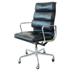 Eames Herman Miller Aluminum Group black leather swivel tilt soft pad chair