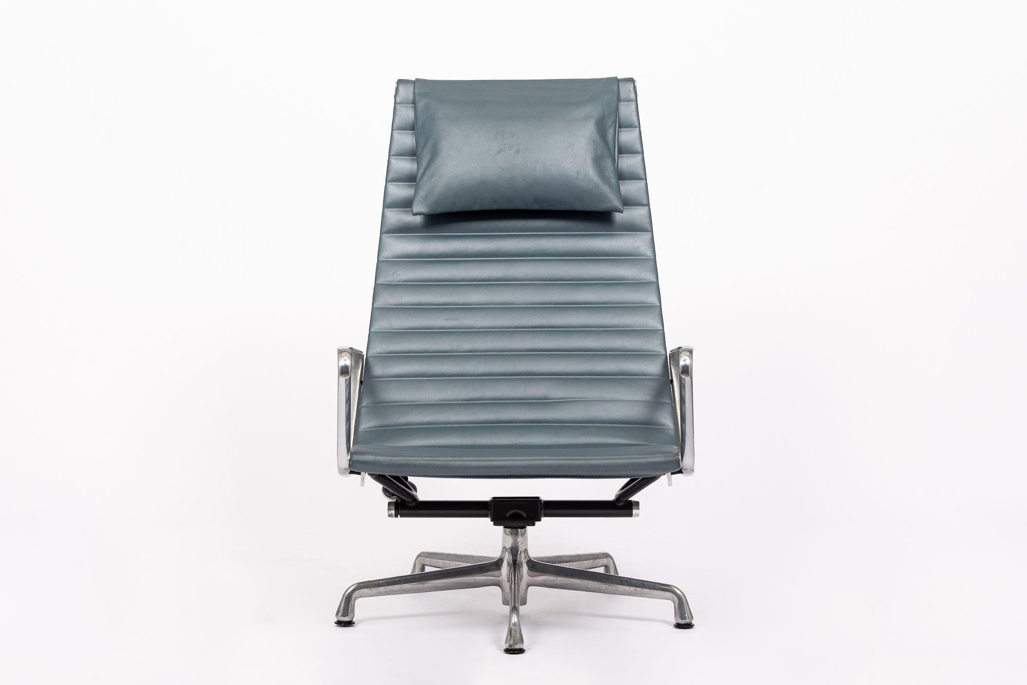 This authentic Eames for Herman Miller Aluminum Group Lounge Chair originally designed in 1958 as part of the Aluminum Group Collection was manufactured in 2005. The unique aluminum group lounge chair model features a high back, relaxed pitch, 2”