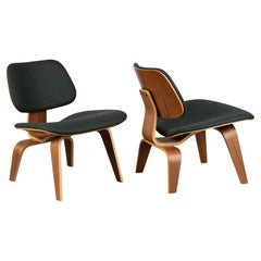 Eames Herman Miller LCW Lounge Chairs in British Forest Green Wool, Pair