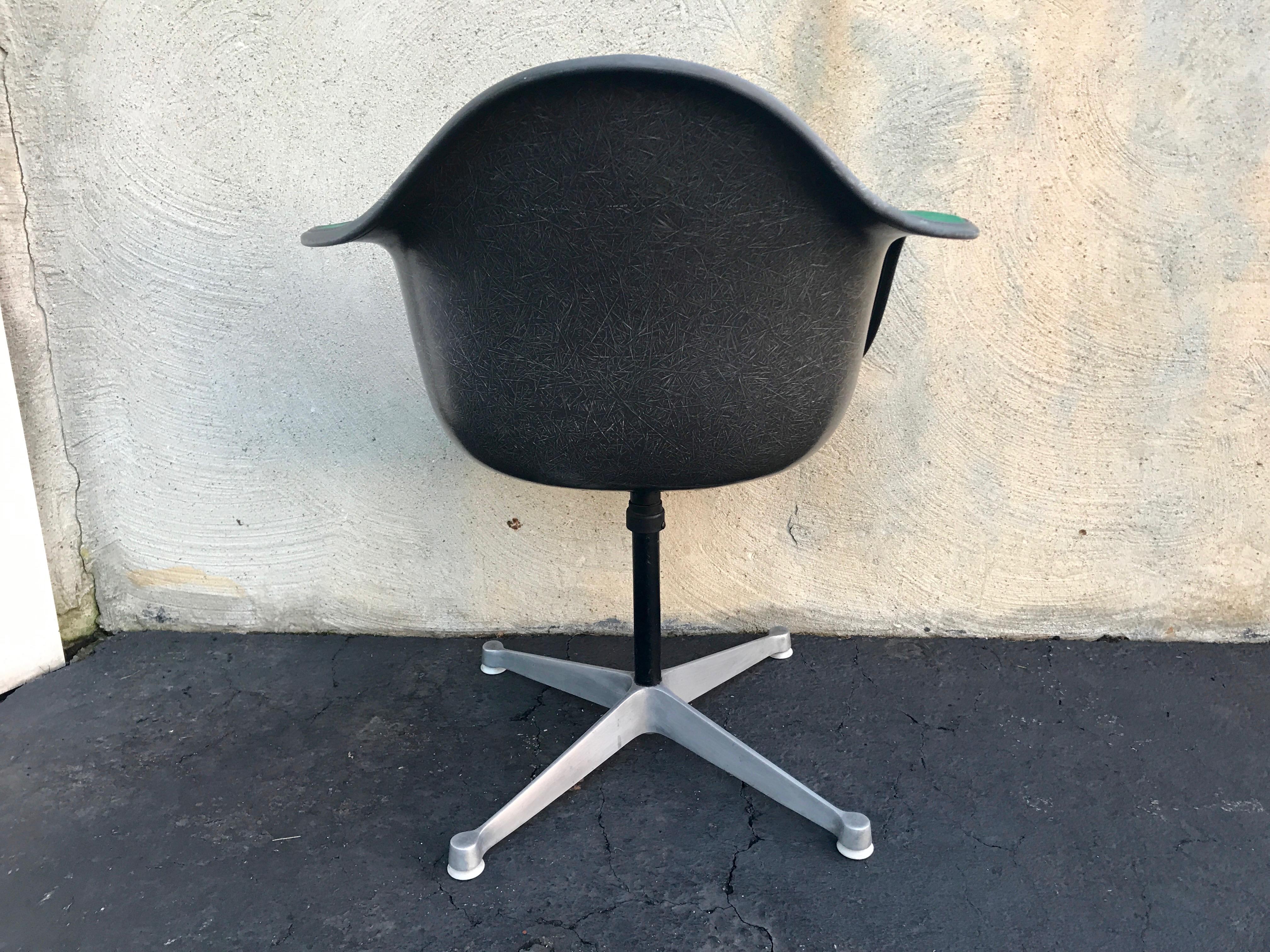 Molded Eames Herman Miller Shell Chair with Rare Green Fabric and Swivel Base For Sale