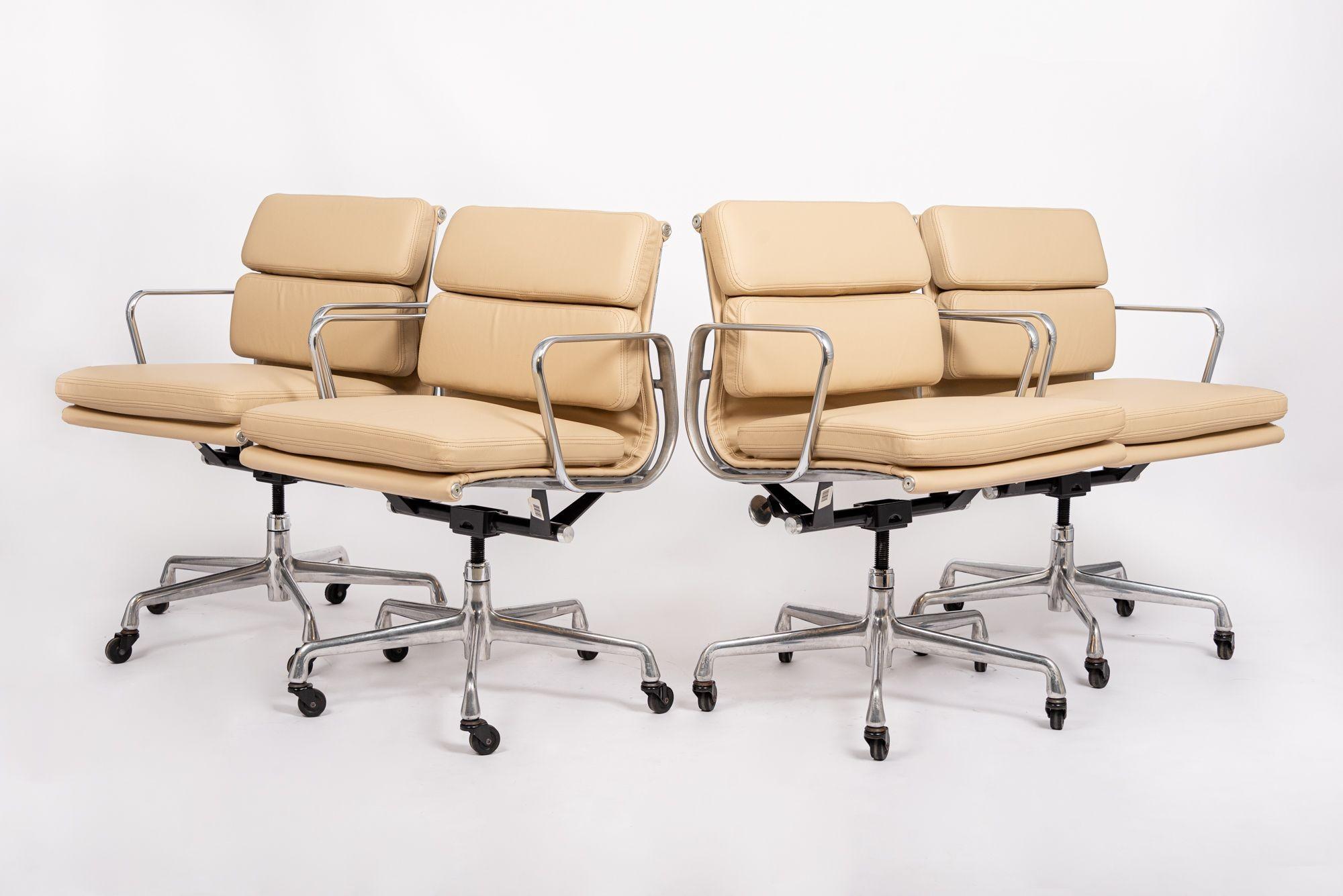 Mid-Century Modern Eames Herman Miller Tan Leather Desk Chairs 2000s Set of 4