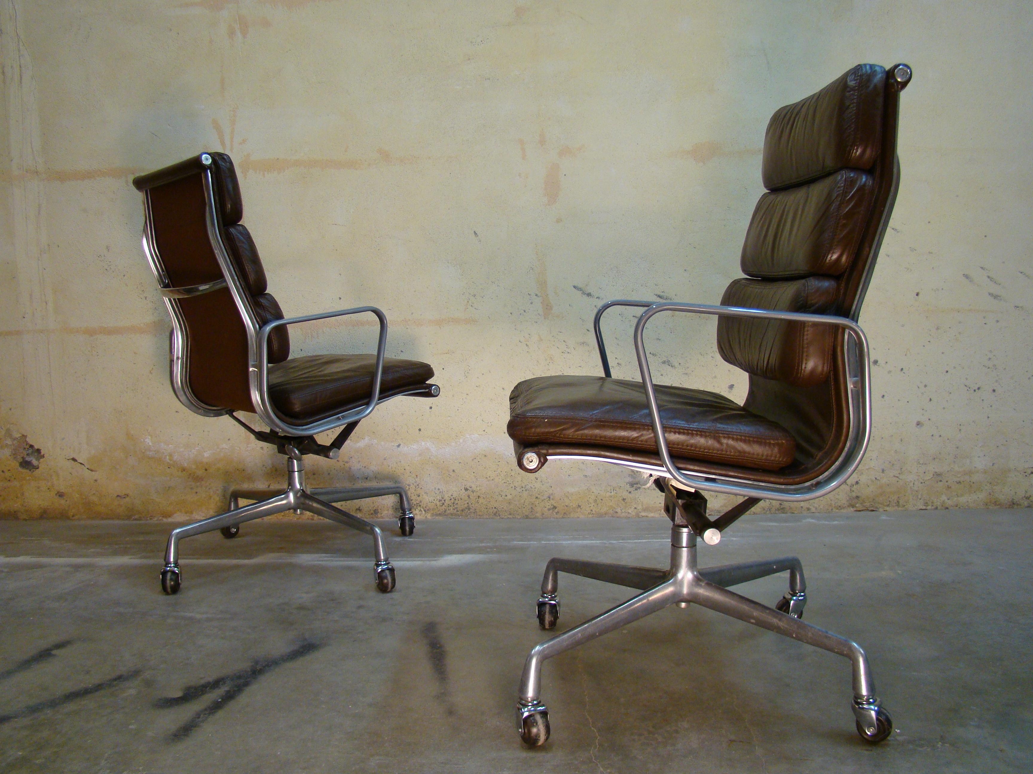 Metal Eames Highback Softpad Management Chairs in Brown Leather for Herman Miller USA