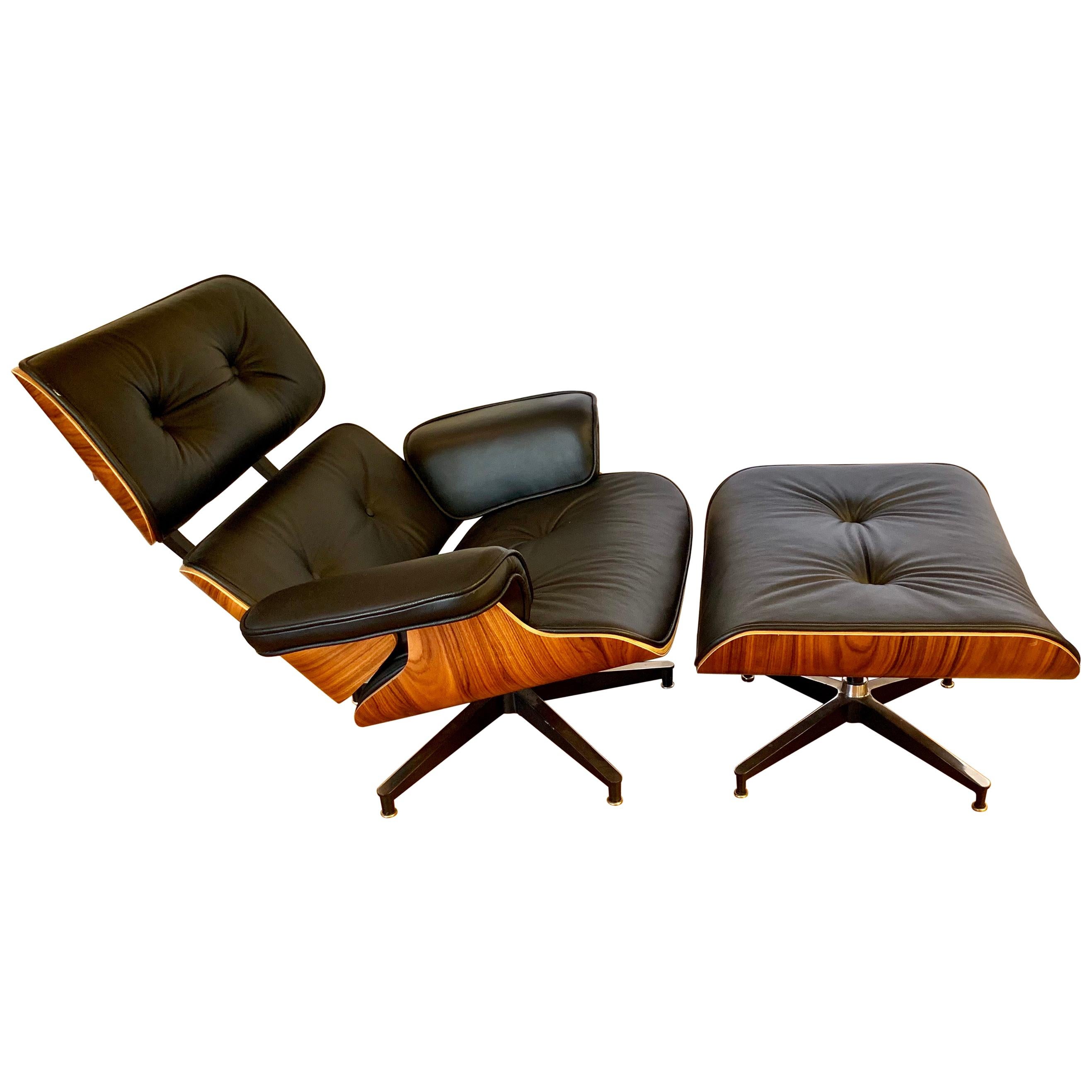 Eames Iconic Herman Miller Style Lounge Chair and Ottoman Black Leather