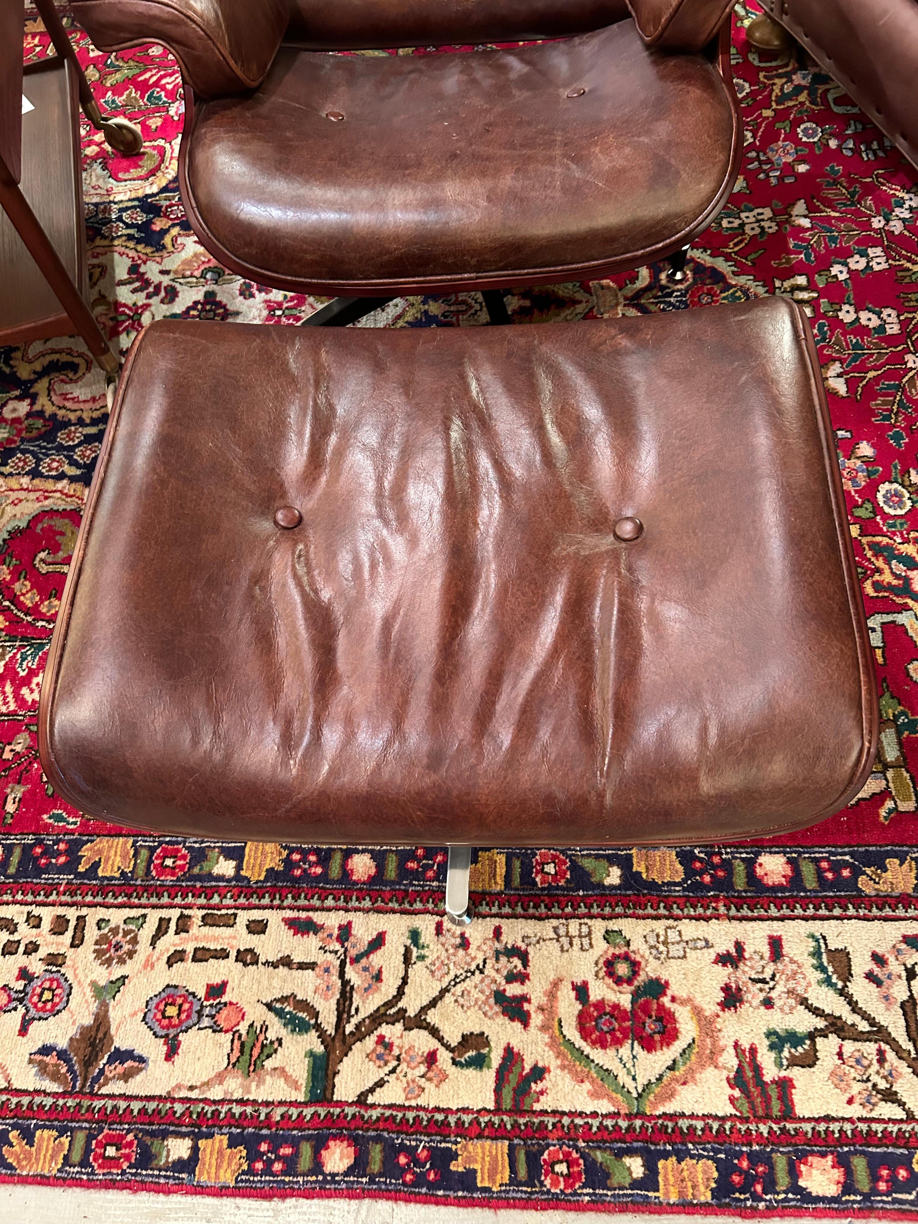 Mid-Century Modern Eames Inspired Regina Andrews Leather & Hardwood Laminate Lounge Chair & Ottoman