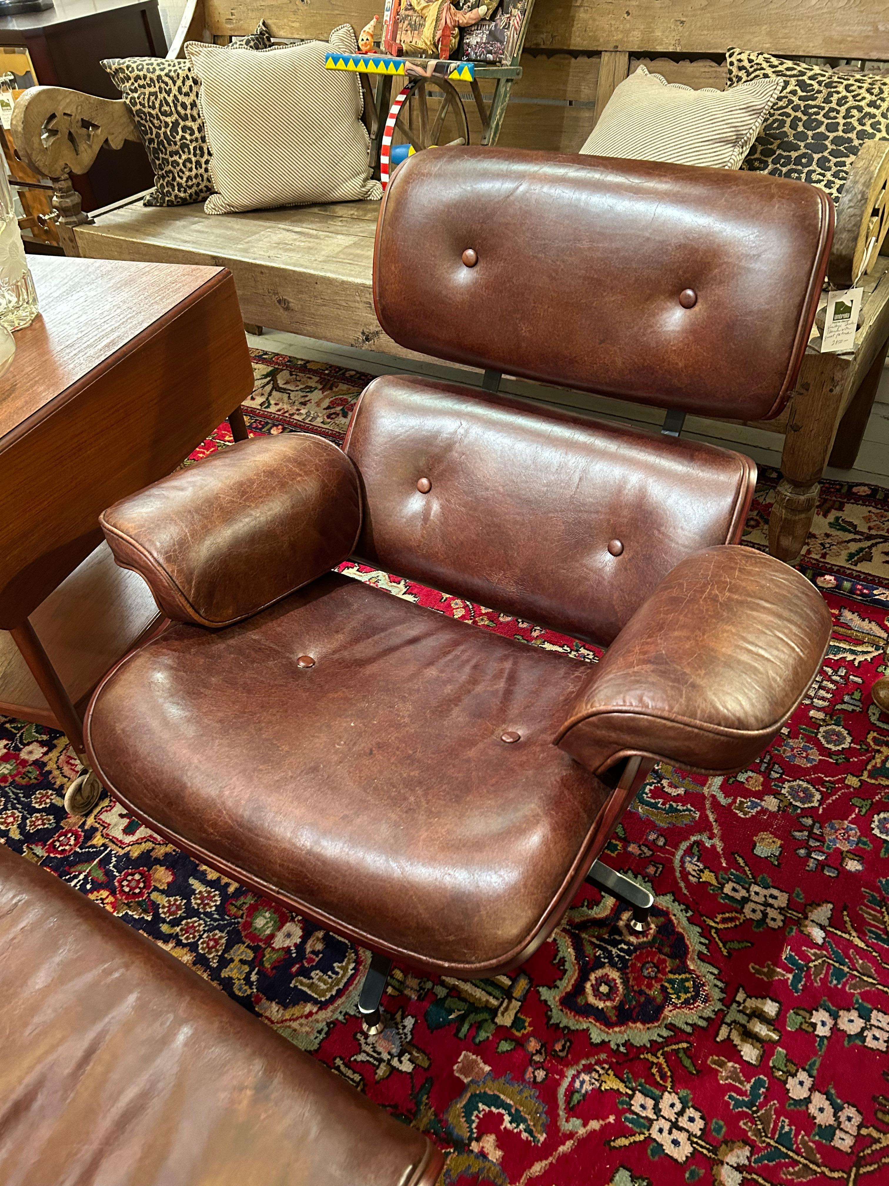 Brazilian Eames Inspired Regina Andrews Leather & Hardwood Laminate Lounge Chair & Ottoman