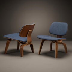 Eames LCW Plywood Lounge Chairs in Walnut & Herman Miller Blue Fabric, Pair
