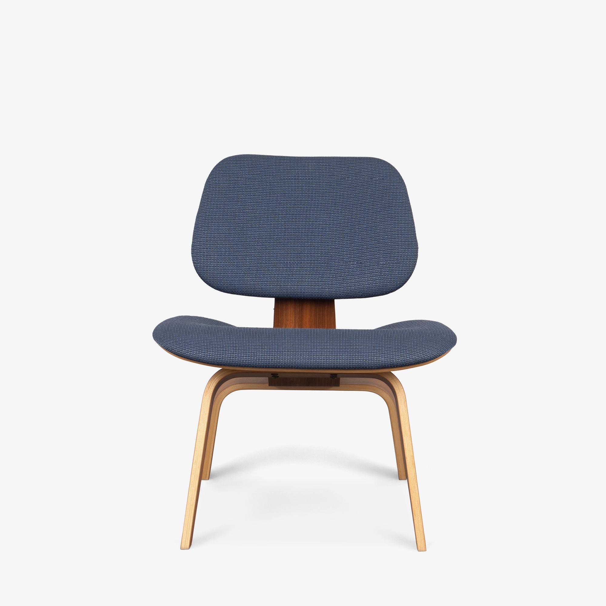 American Eames LCW Plywood Lounge Chairs in Walnut & Herman Miller Blue Fabric, Pair For Sale