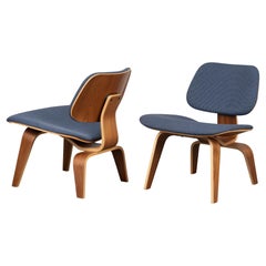 Eames LCW Plywood Lounge Chairs in Walnut & Herman Miller Blue Fabric, Pair